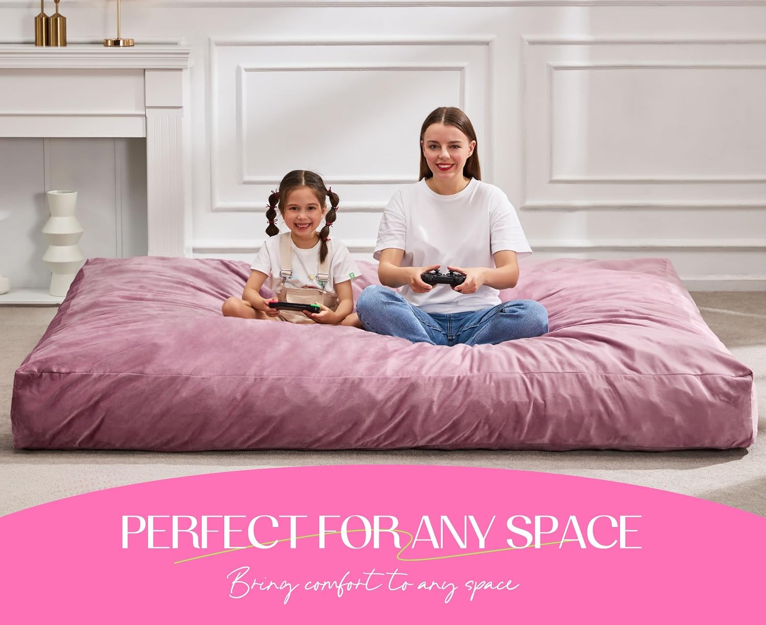Hobestluk Giant Bean Bag Chair Bed for Adults, Large Bean Bags with High-Density Foam Filling, Convertible Big Sofa Bed Couch for Living Room, Bedroom, Playroom (Pink, Queen)