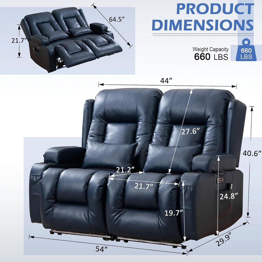 Loveseat Recliner Sofa, Leather Sofa with Massage & Heating, Home Theater Seating Power Reclining Loveseat with LED Light/Cup Holders/Lumbar Pillow (Blue, Loveseat)