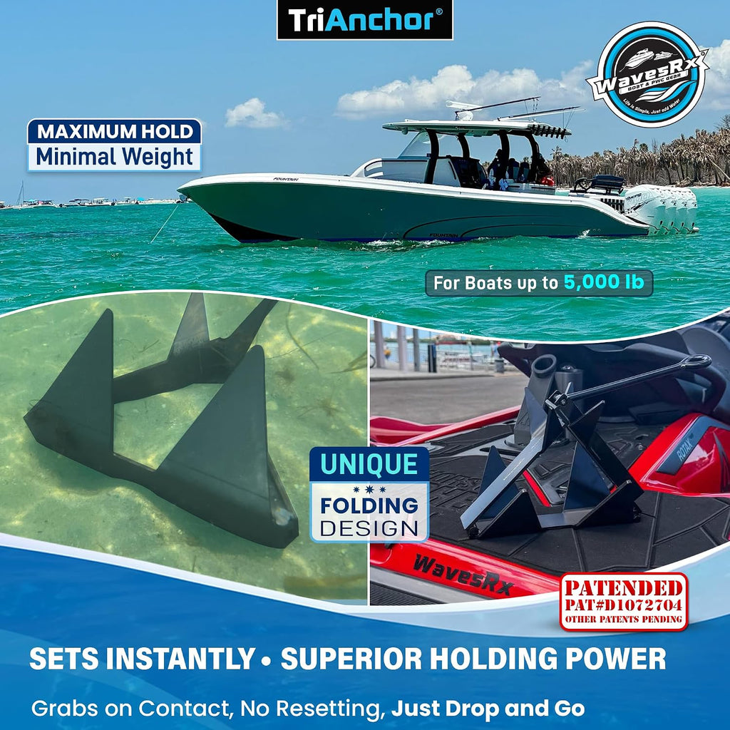 WAVESRX TriAnchor - Stainless Steel Folding PWC & Boat Anchor | Sets Instantly for Effortless Boat & Jet Ski Anchoring | Compact Patent-Pending Design Grips Better Than Plow, Fluke or Box Anchor