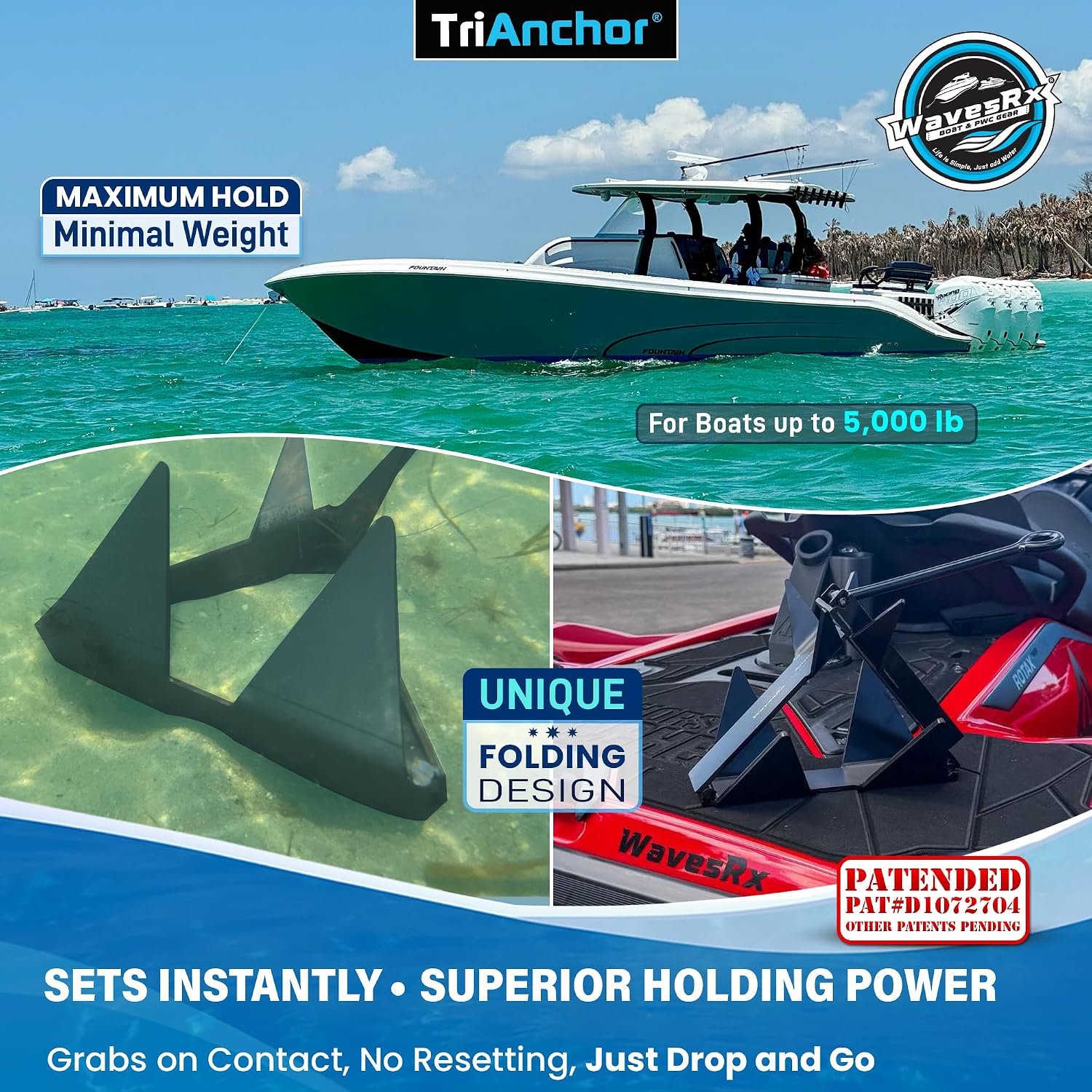 WAVESRX TriAnchor - Stainless Steel Folding PWC & Boat Anchor | Sets Instantly for Effortless Boat & Jet Ski Anchoring | Compact Patent-Pending Design Grips Better Than Plow, Fluke or Box Anchor