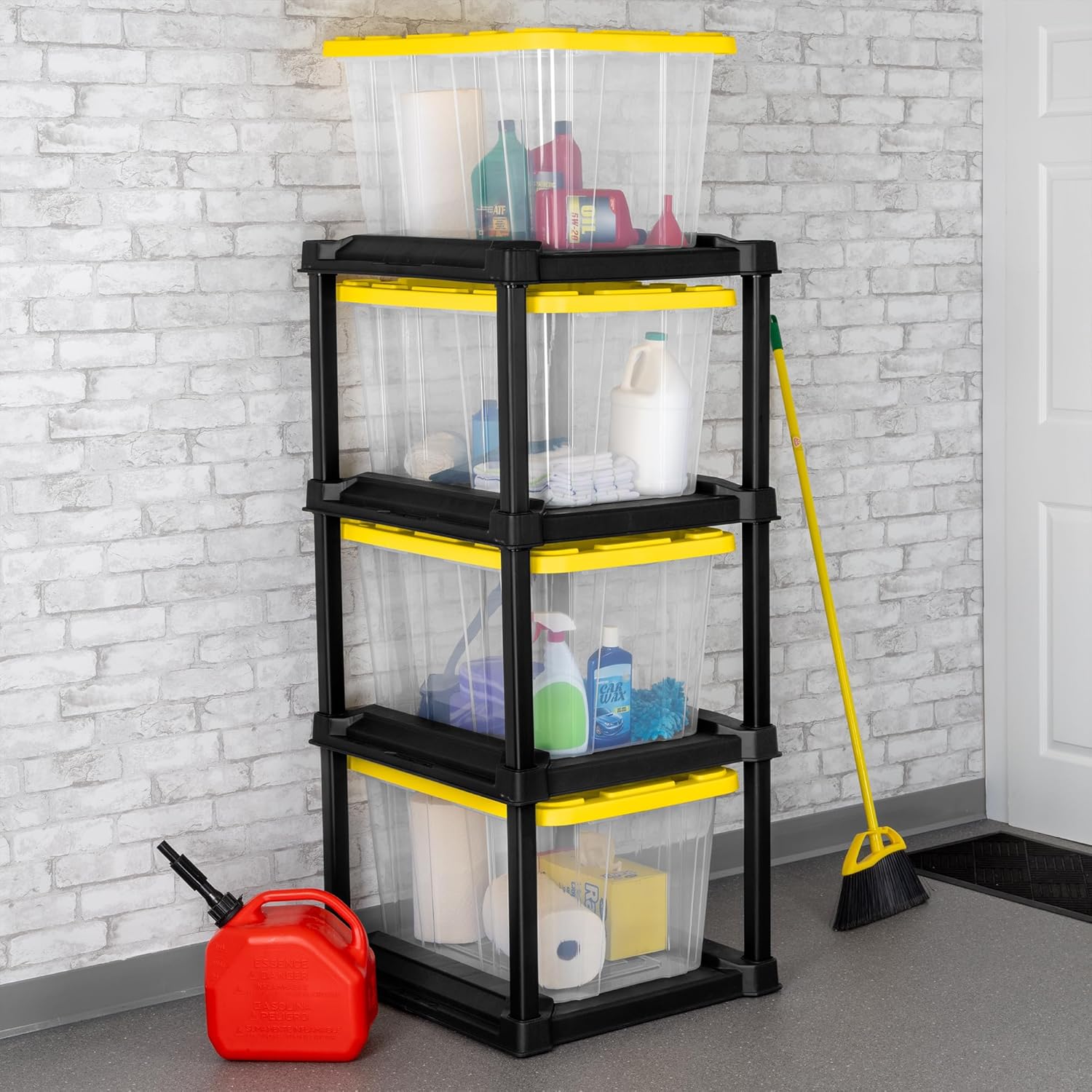 Sterilite 4 Tier Tote Rack, Vertical Plastic Organizer with 4 Pack 27 Gallon Industrial Storage Totes, Clear - for Garages, Workshops, or Basements