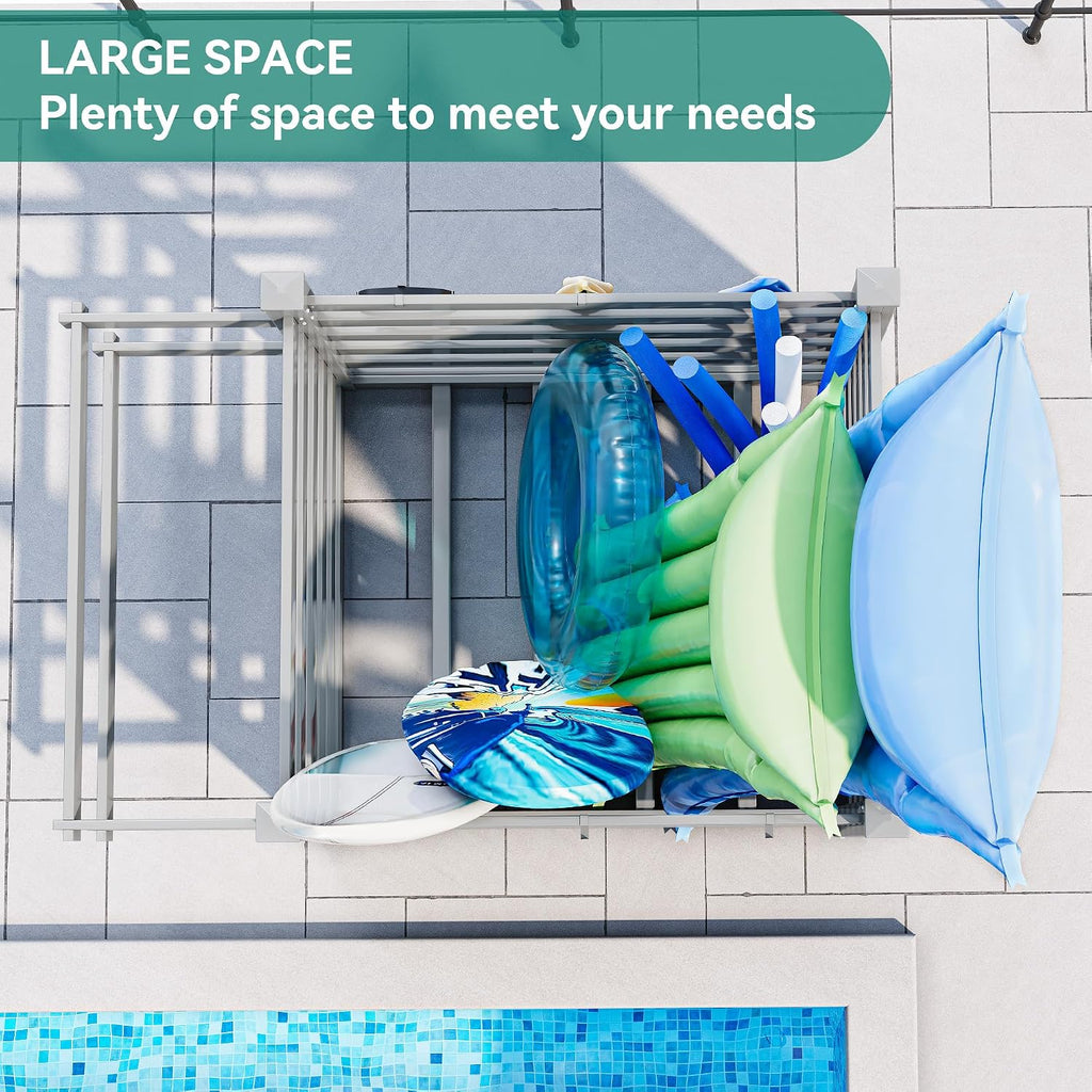 YITAHOME 64' W x 47' L x 39' H Poolside Deckbox Storage Organizer with 6 Movable Hooks, Outdoor Waterproof Pool Storage Bins (Light Gray)