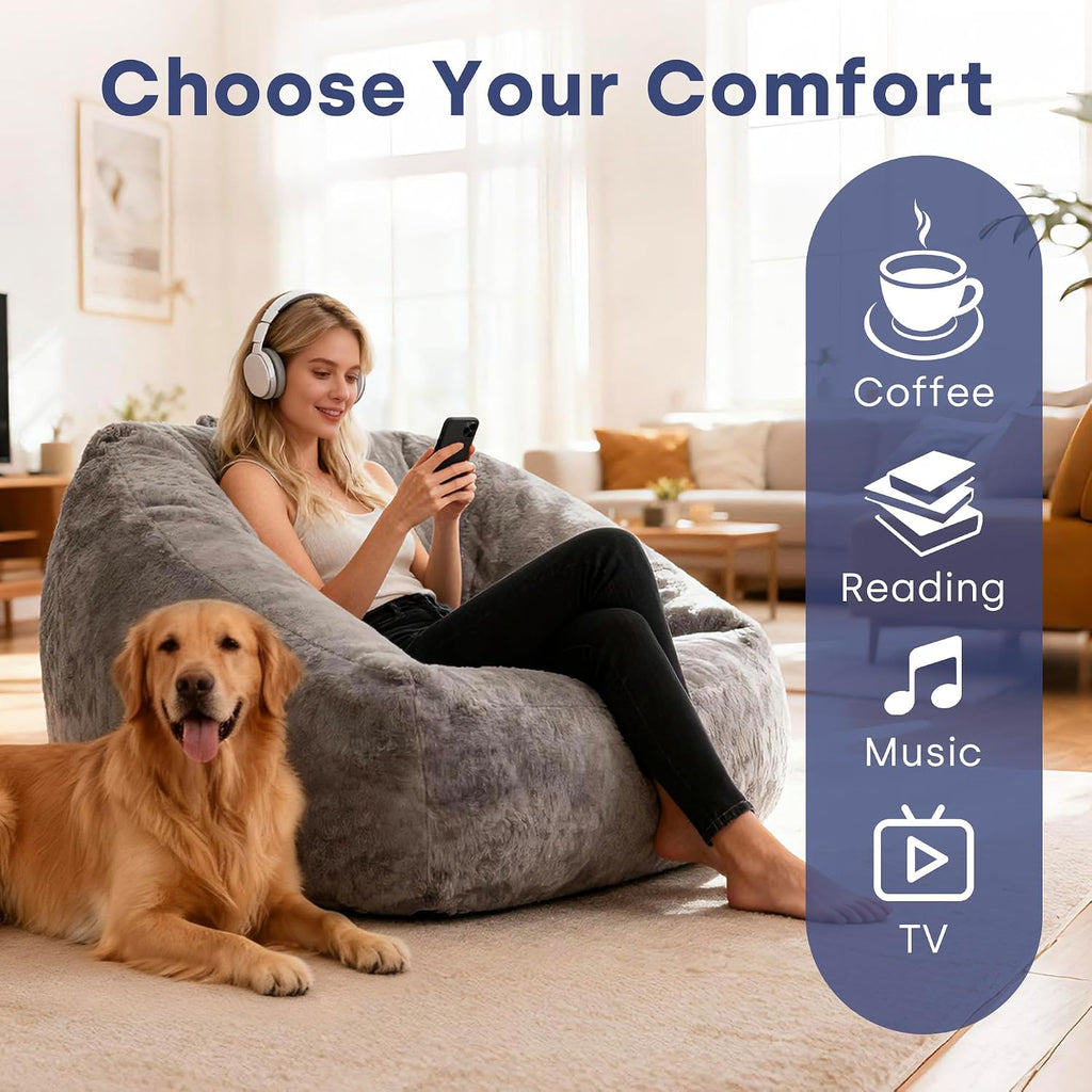 SUNBURY 47' L-Shaped Bean Bag Chair with Armrests, Ergonomic Memory Foam Floor Lounger, Cozy Gamer Chair with Side Pocket & Carry Handle, Washable Faux Fur Cover for Living Room & Dorm, Grey