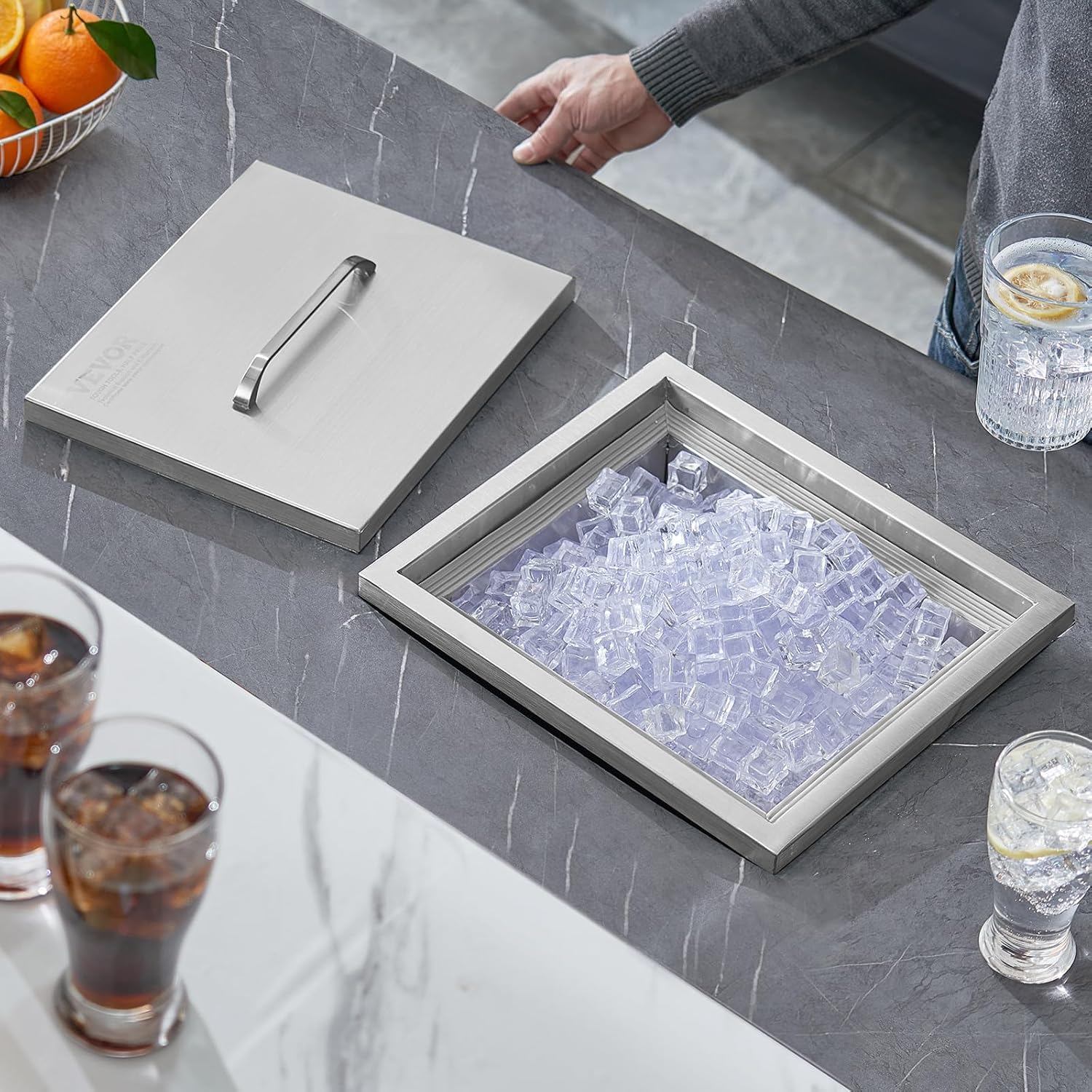 VEVOR Drop in Ice Chest, 14' L x 12' W x 18' H Stainless Steel Ice Cooler, Commercial Ice Bin with Cover, 40 qt Outdoor Kitchen Ice Bar, Drain-Pipe and Drain Plug Included, for Cold Wine Beer