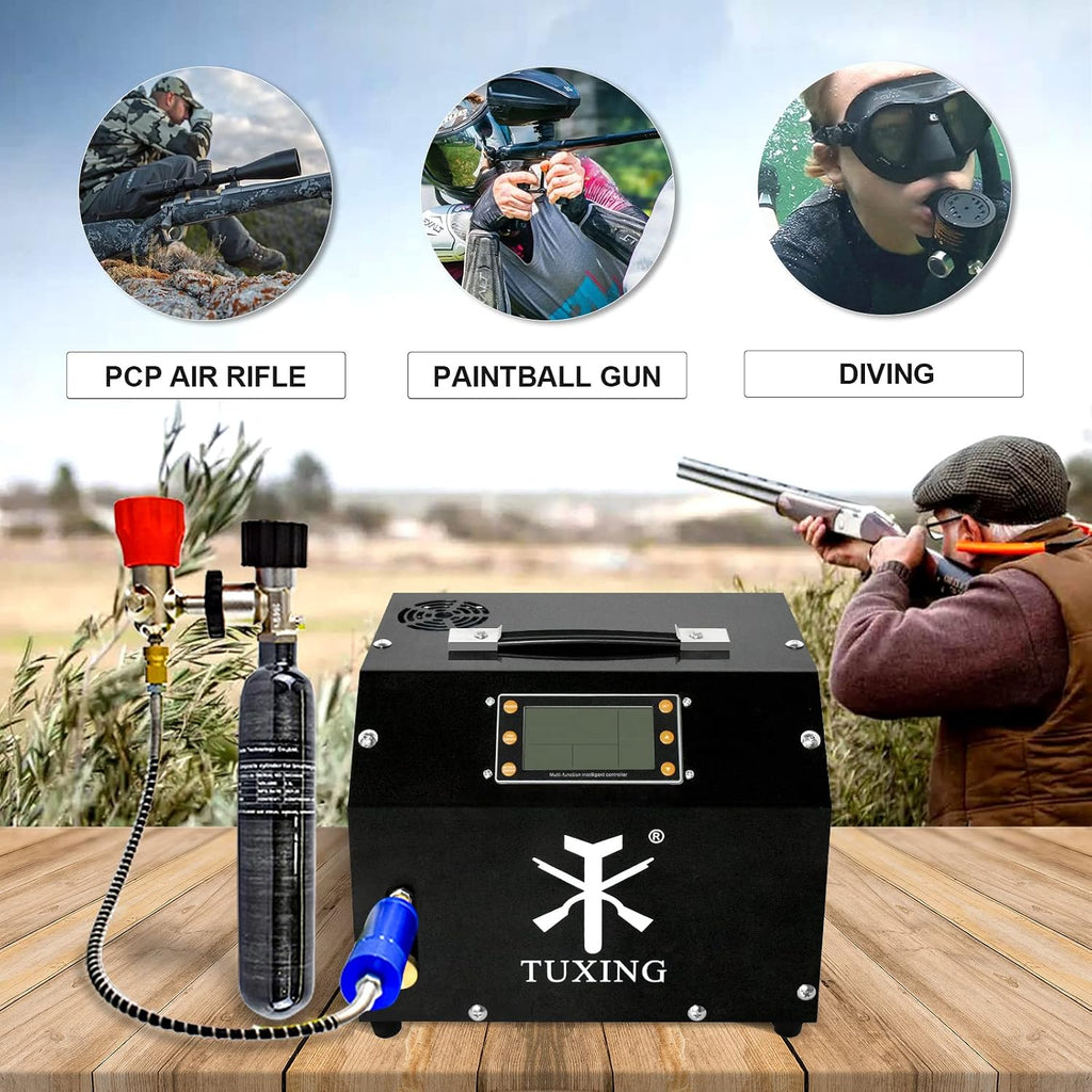 TUXING PCP Air Compressor 4500Psi, LCD Display, Auto-Stop High Pressure Compressor, Equipped with Water Cooling System,Scuba Diving Tank Pcp Air Rifles Charging 110V (TXET063+0.5L+B)