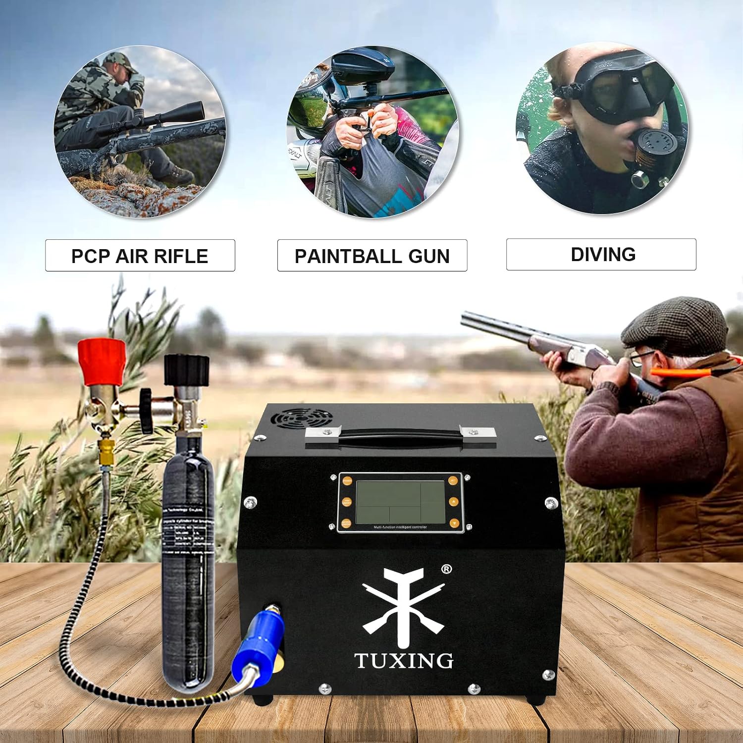 TUXING PCP Air Compressor 4500Psi, LCD Display, Auto-Stop High Pressure Compressor, Equipped with Water Cooling System,Scuba Diving Tank Pcp Air Rifles Charging 110V (TXET063+0.5L+B)