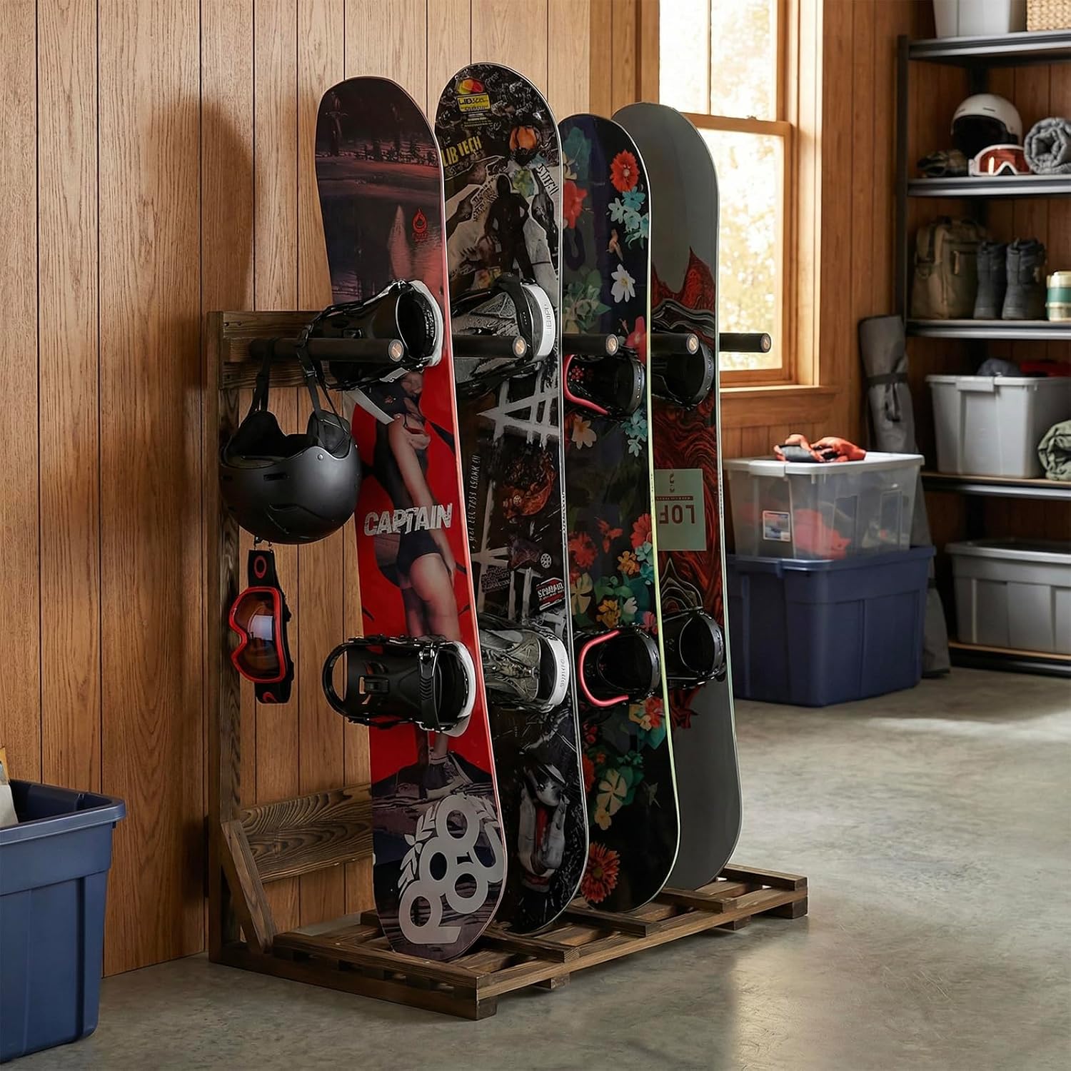 MyGift 4-Ft Tall Rustic Burnt Wood Freestanding Vertical Surfboard Rack, Wakeboard SUP Paddleboard Storage Rack - Holds up to 4 Boards