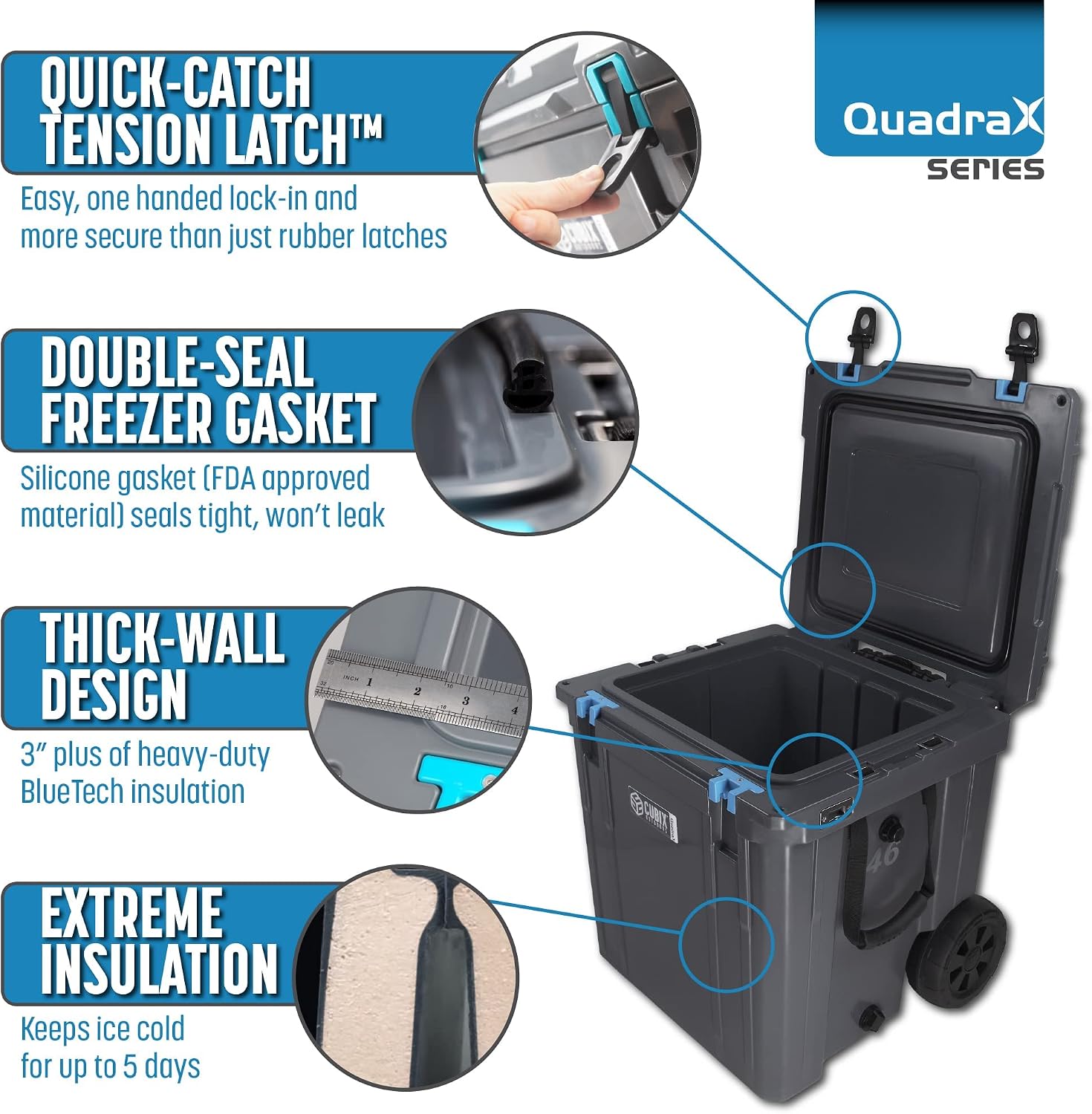 Cubix Outdoors QuadraX 46QT Wheeled Rotomolded Portable Hard Cooler for Camping, Fishing, Beach | Heavy Duty Insulated Ice Chest with Wheels and Handle | Cold Retention 5 Days