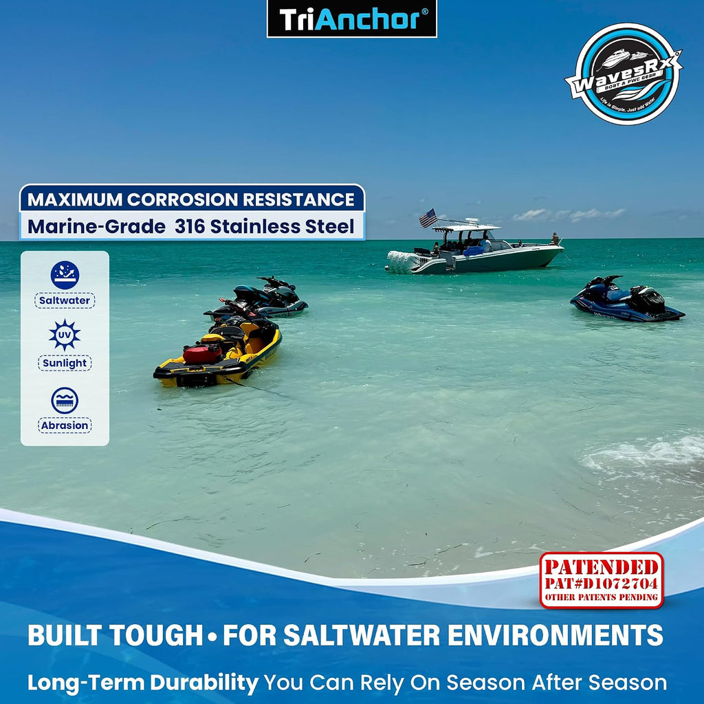 WAVESRX TriAnchor - Stainless Steel Folding PWC & Boat Anchor | Sets Instantly for Effortless Boat & Jet Ski Anchoring | Compact Patent-Pending Design Grips Better Than Plow, Fluke or Box Anchor