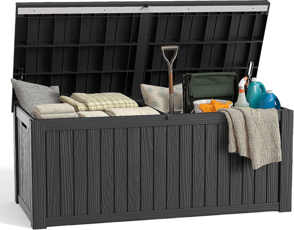 150 Gallon Deck Box Large Outdoor Storage Box Waterproof for Patio Furniture,Outdoor Cushions,Garden Tools and Pool Supplies,Weatherproof(Black,150Gallon)