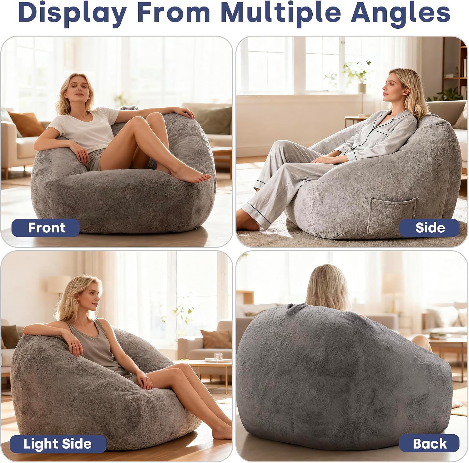 SUNBURY 47' L-Shaped Bean Bag Chair with Armrests, Ergonomic Memory Foam Floor Lounger, Cozy Gamer Chair with Side Pocket & Carry Handle, Washable Faux Fur Cover for Living Room & Dorm, Grey