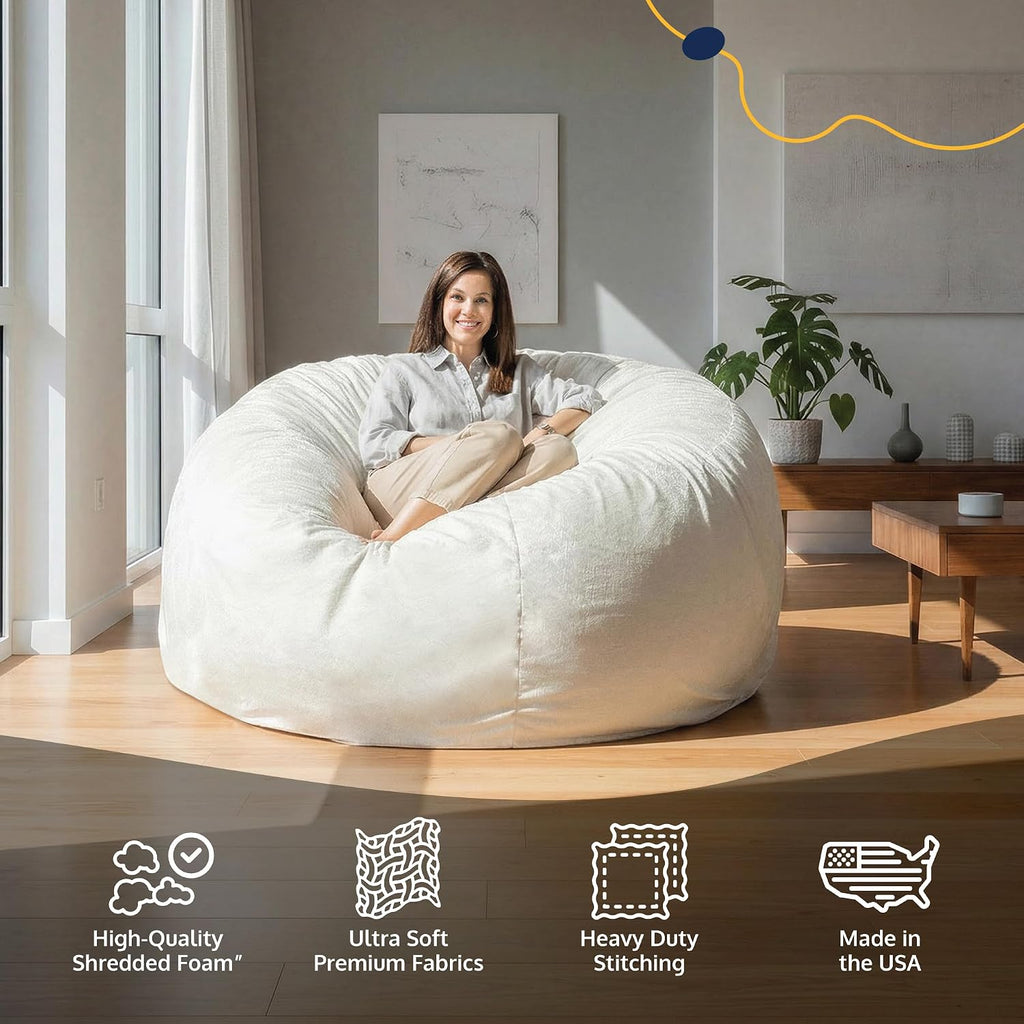 ULTIMATE SACK 6000 6-Foot Bean Bag Chair with Footstool, Black Suede Cover – Oversized Foam Lounger, Floor Seat, Small Sofa, or Couch Bed for Living Area, Gaming Room, or Reading Lounge