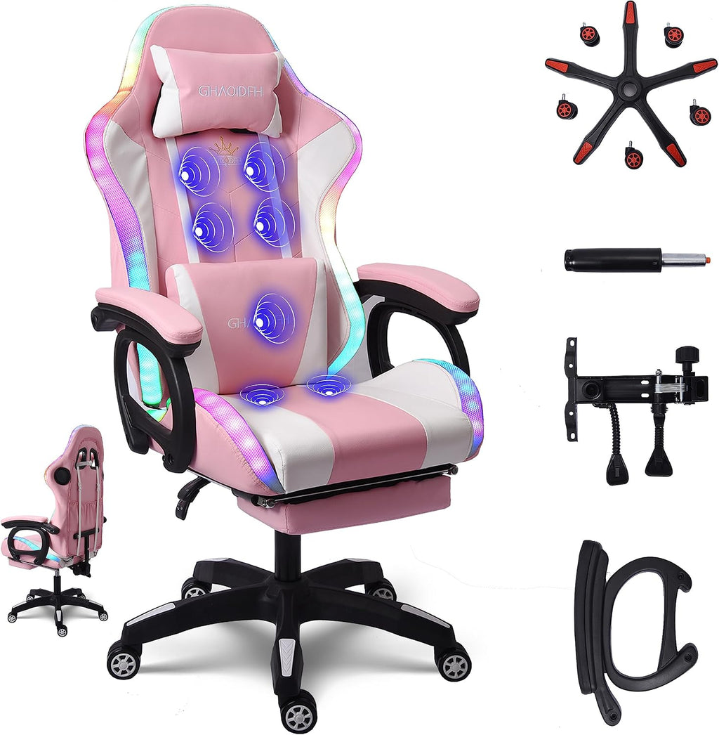 Gaming Chair with LED Lights and Speakers, Ergonomic Gaming Chair with Massage and Footrest,Comfortable Computer Reclining with Headrest and Lumbar Support,Video Game Chair for Adults Kids.,P