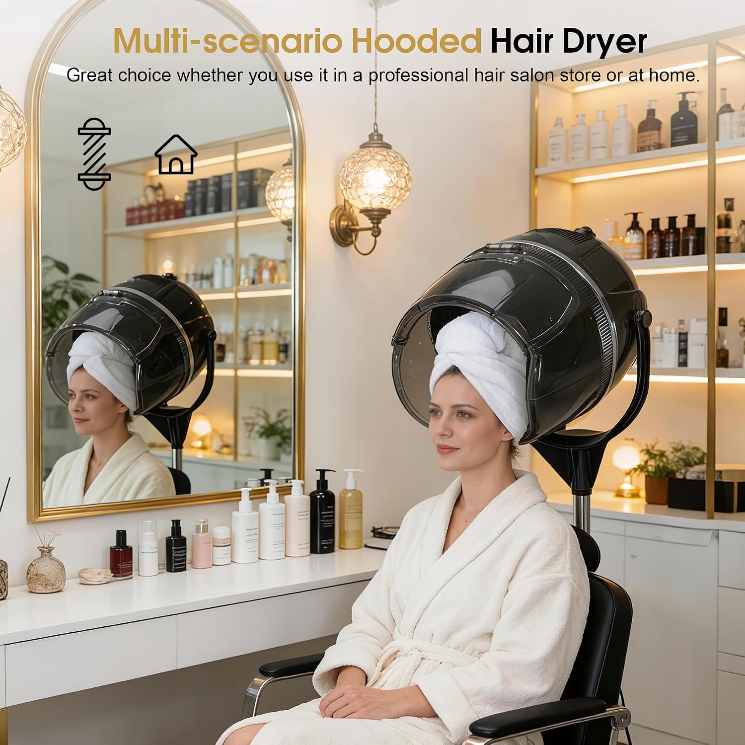 BarberPub 1300W Hooded Hair Bonnet Dryer with Stand, Height Adjustable Floor Standing Rolling Base, Beauty Salon Equipment with 360° Rotation VHD08 (All Black)