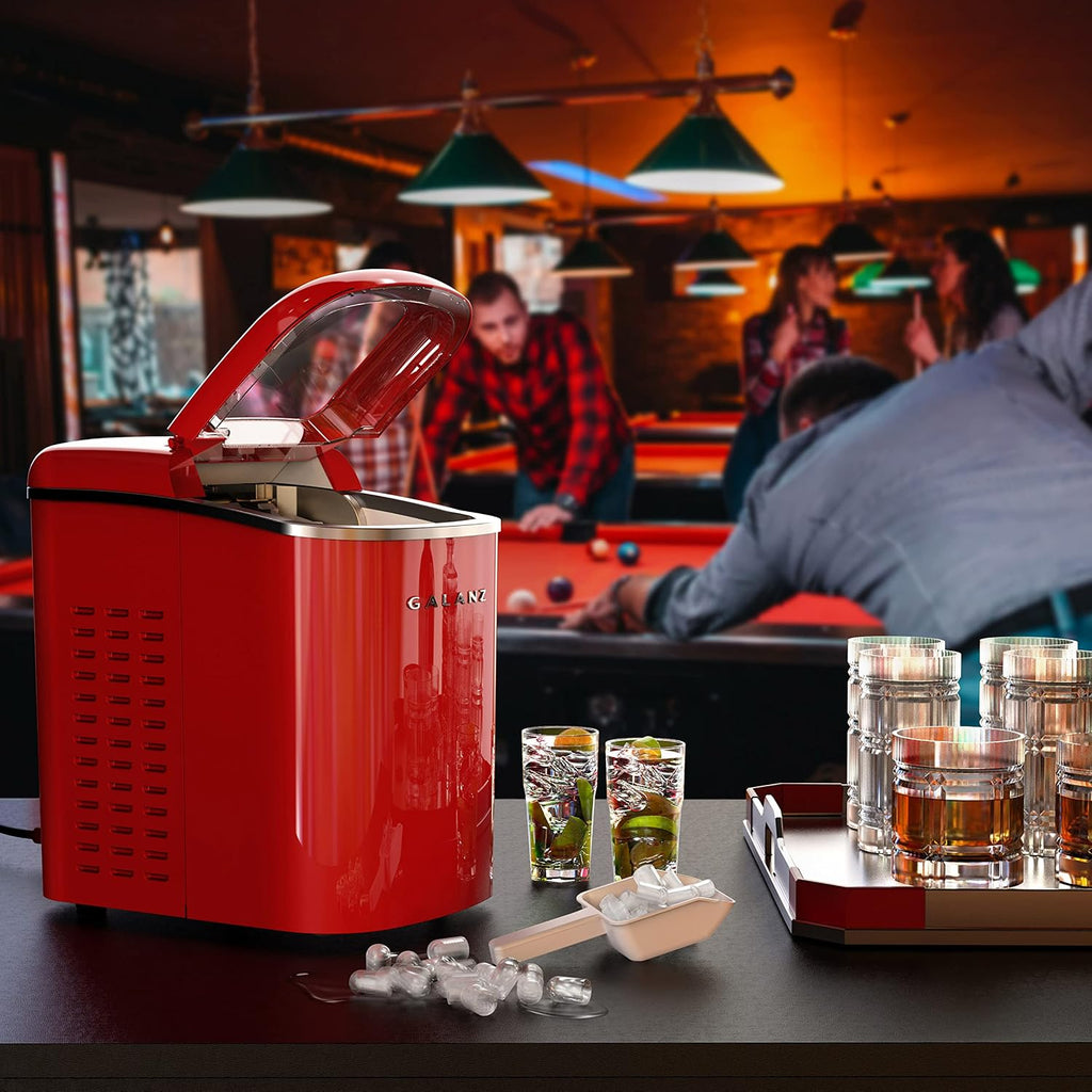 Galanz Portable Countertop Electric Ice Maker Machine, 26 lbs in 24 Hours, 9 Bullet Shaped Cubes Ready in 9 Minutes, 2 Ice Sizes, Perfect for Parties & Home Bar, 2.1 L, Retro Red