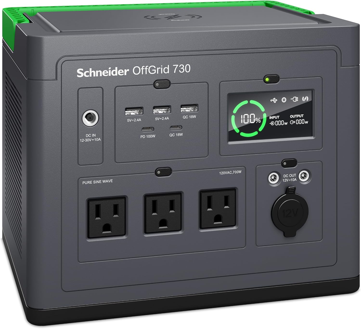 Schneider OffGrid 738Wh Portable Power Station, PPS730 Portable Solar Generator with Wireless Charging Pad, for Camping or Home