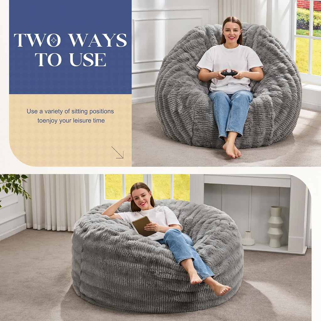 Hobestluk Bean Bag Chairs Beanbag Chair with Filler Adult Bean Bags with Fluffy Ripple Cover, Giant Bean Bag Chairs for Adults (Grey, 5FT - 50' x 50' x 24')
