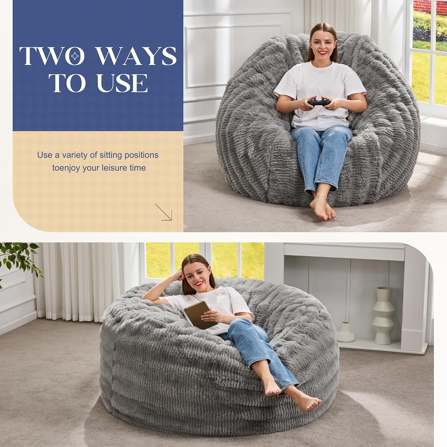 Hobestluk Bean Bag Chairs Beanbag Chair with Filler Adult Bean Bags with Fluffy Ripple Cover, Giant Bean Bag Chairs for Adults (Grey, 5FT - 50' x 50' x 24')