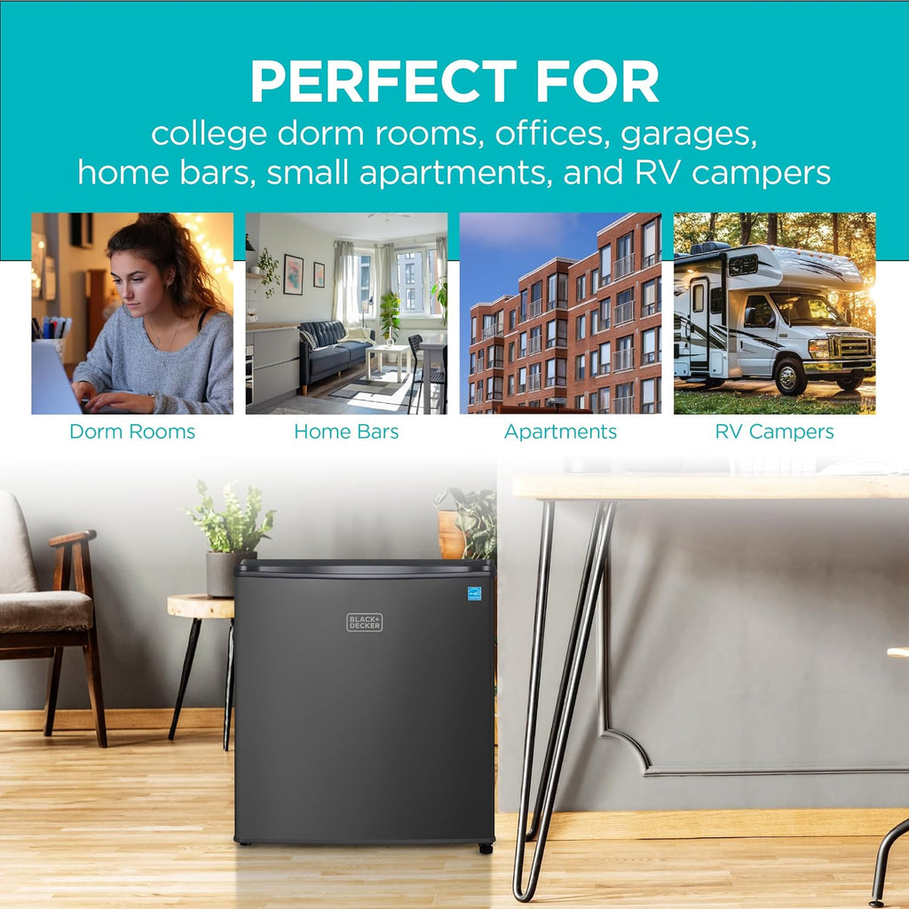 BLACK+DECKER 1.7 Cu. Ft. Compact Refrigerator, ENERGY STAR Certified, Single Door Mini Fridge with Chiller Compartment, Personal Fridge for Home or Dorm Room, R600a Refrigerant, BCRK17B, Black