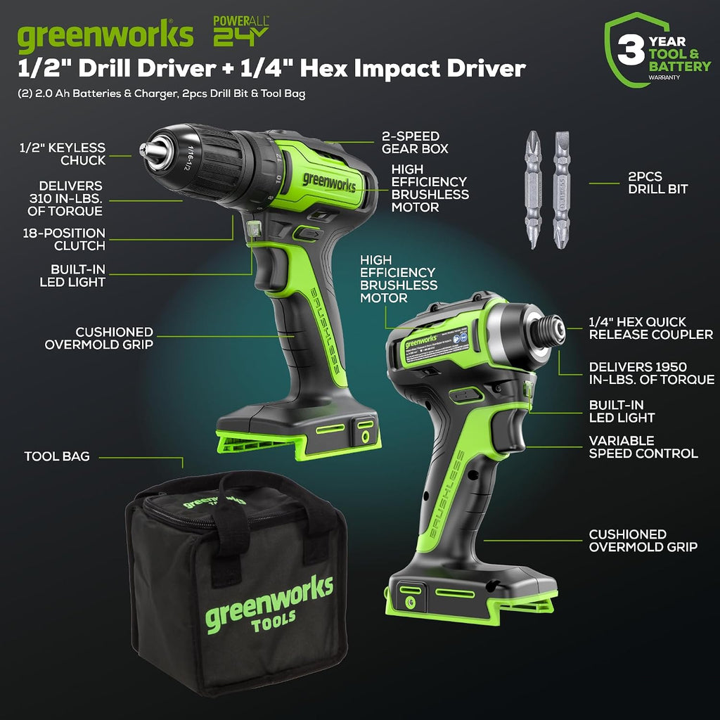 Greenworks 24V MAX Cordless Brushless Drill & Impact Driver Combo Kit, Electric Drill Set, High Torque, Lightweight, Professional Grade, Includes 2x 2.0Ah Batteries, Charger, and Storage Bag
