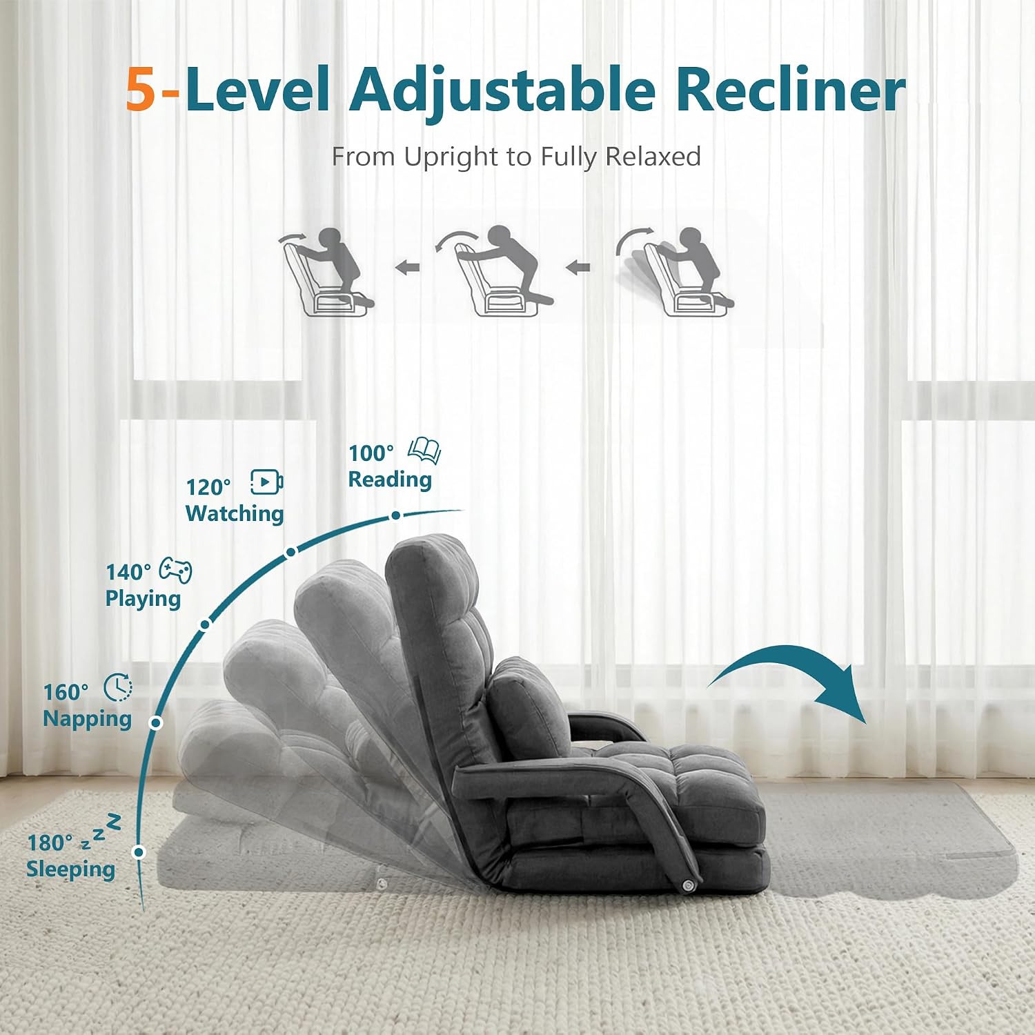 STHOUYN Comfy Floor Chair Bedroom 2 USB Charging Ports, 5-Position Couch Gaming Lounge Chairs Adults, Indoor Folding Lazy Sofa Meditation Arm Dorm Chair Living Room (Grey)