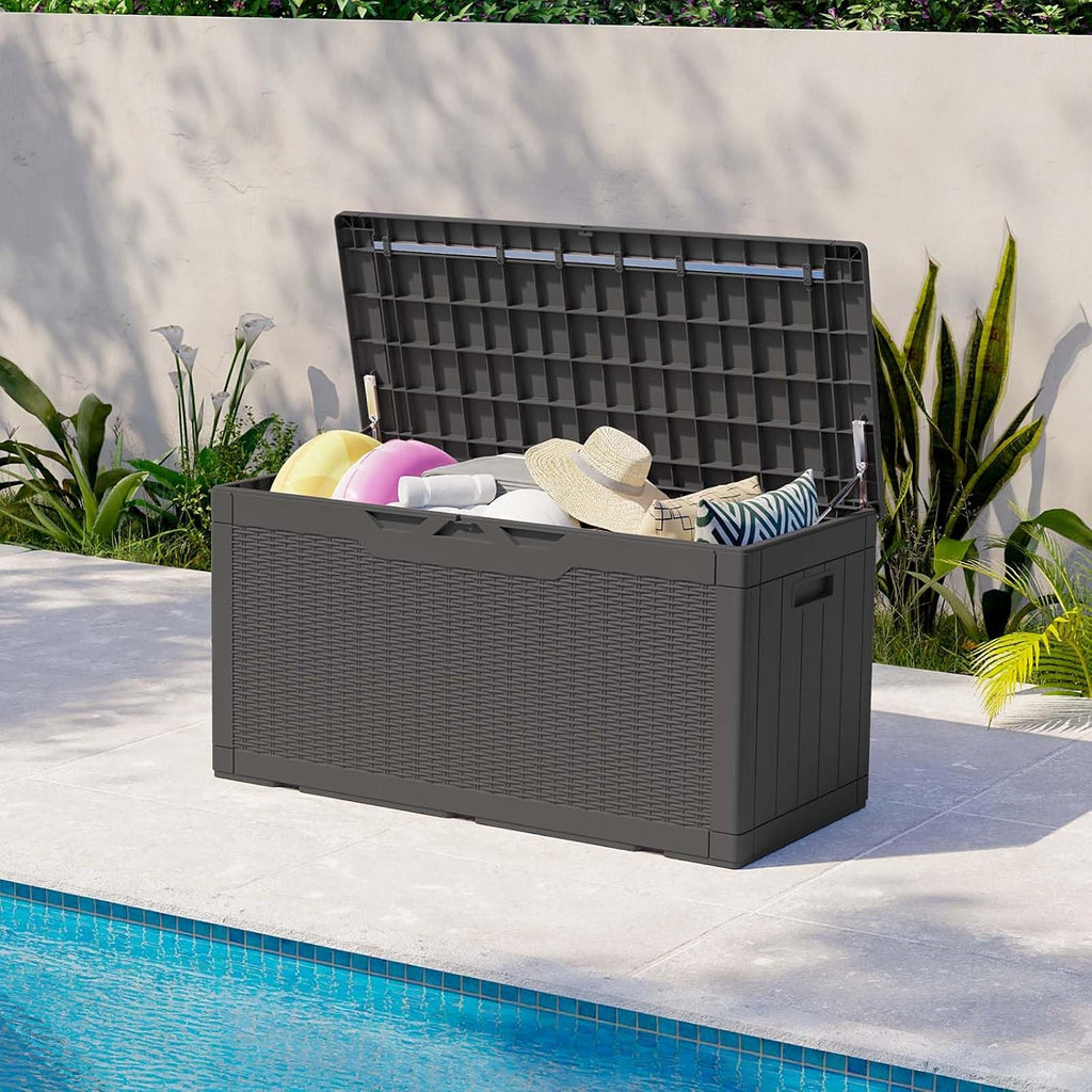 Patiolife 100 Gallon Resin Deck Box with Cushion, Large Outdoor Storage Box for Garden Tools, Pool Supplies, Waterproof and Lockable, Black