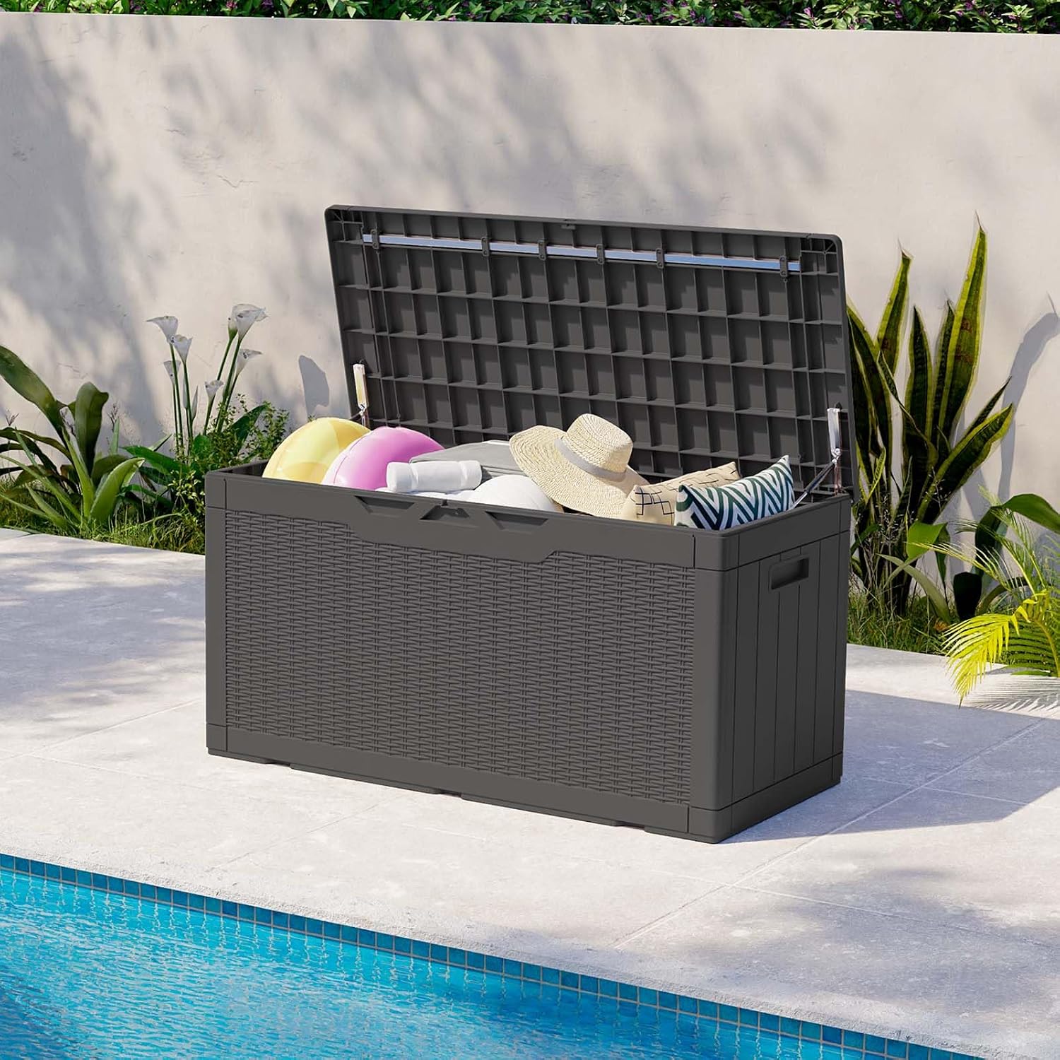 Patiolife 100 Gallon Resin Deck Box with Cushion, Large Outdoor Storage Box for Garden Tools, Pool Supplies, Waterproof and Lockable, Black