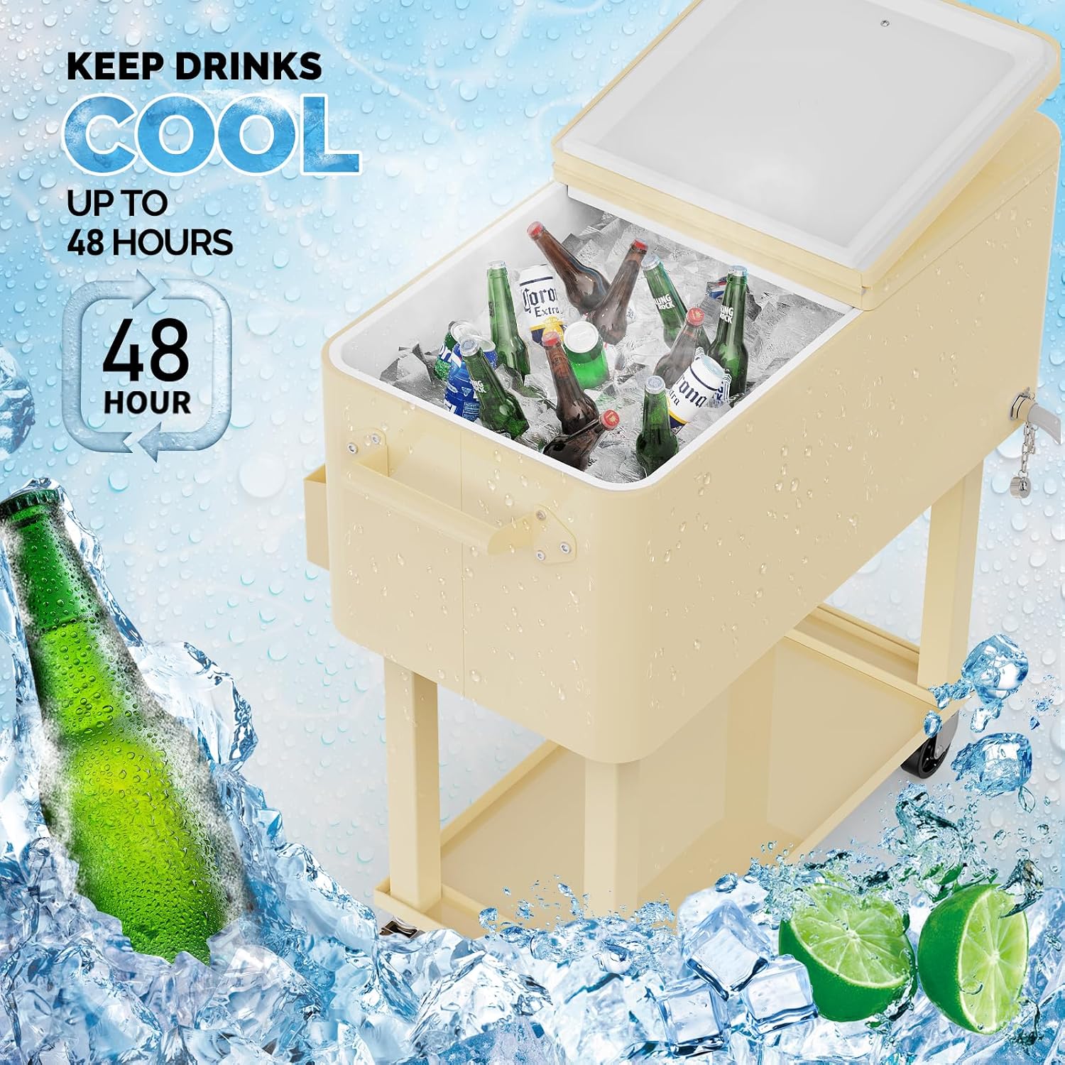 VINGLI Rolling Ice Chest, Portable Patio Party Bar Drink Cooler Cart, with Shelf, Beverage Pool with Bottle Opener
