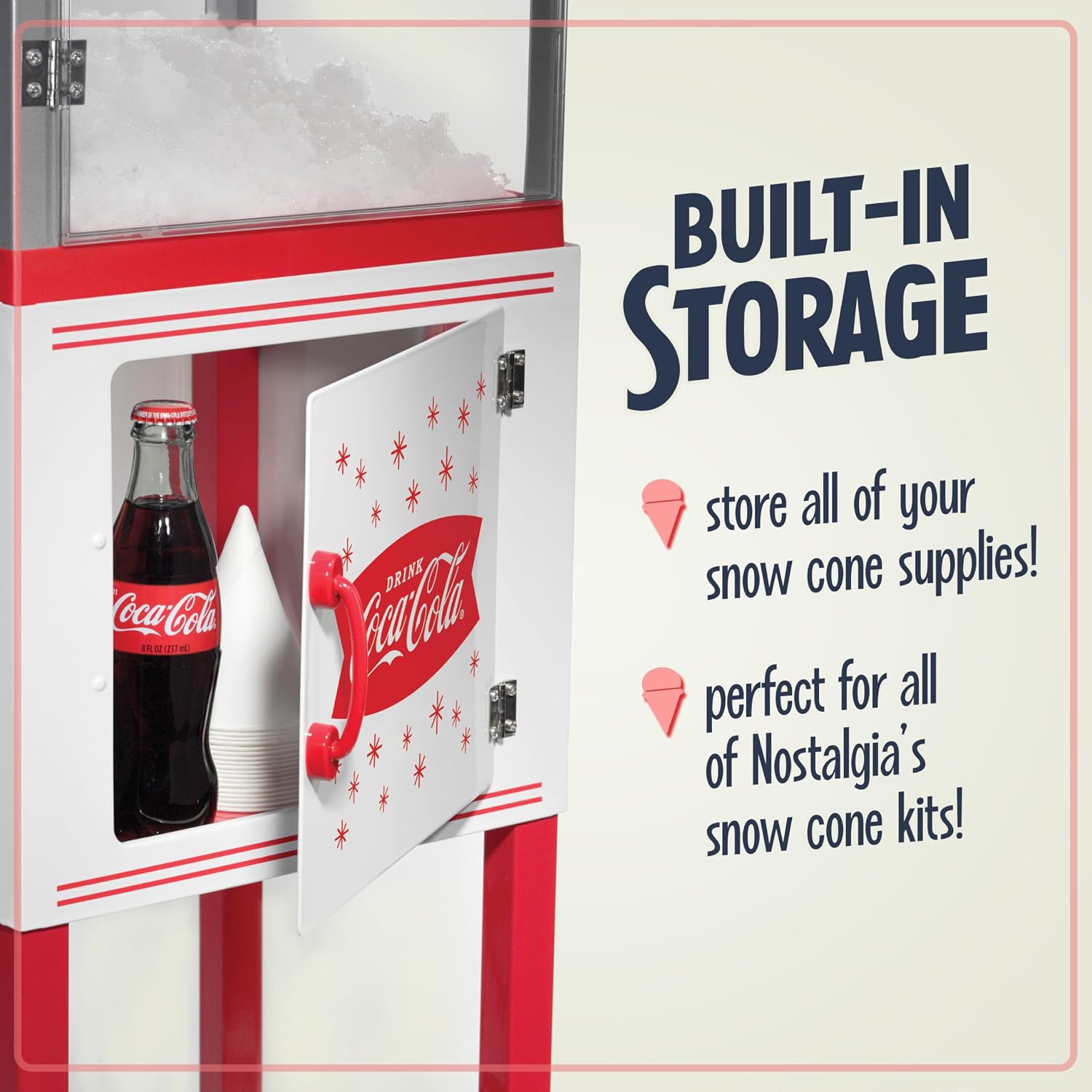 Nostalgia Coca-Cola 48-Inch Tall Snow Cone Cart, Makes 48 Icy Treats, Includes Metal Scoop, Storage Compartment, Wheels For Easy Mobility – Coke Red