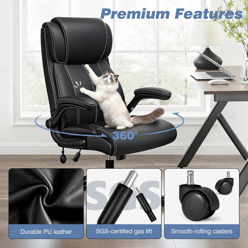 BESTFAIR Ergonomic Office Chair - Desk Computer Chair, Leather High Back Executive Chairs with Adjustable Lumbar Support & Flip Up Arms, Black 2 Pack