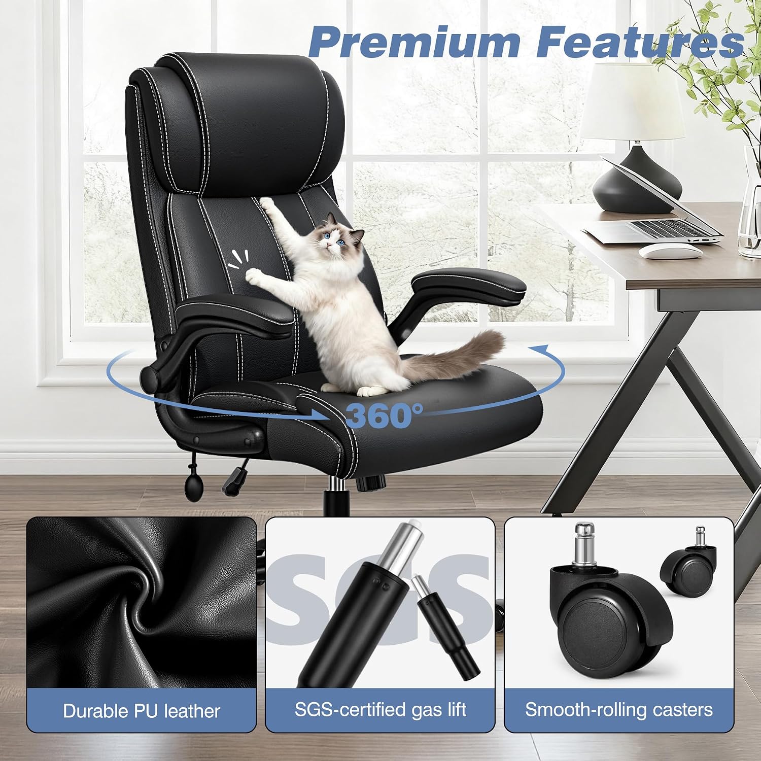 BESTFAIR Ergonomic Office Chair - Desk Computer Chair, Leather High Back Executive Chairs with Adjustable Lumbar Support & Flip Up Arms, Black 2 Pack