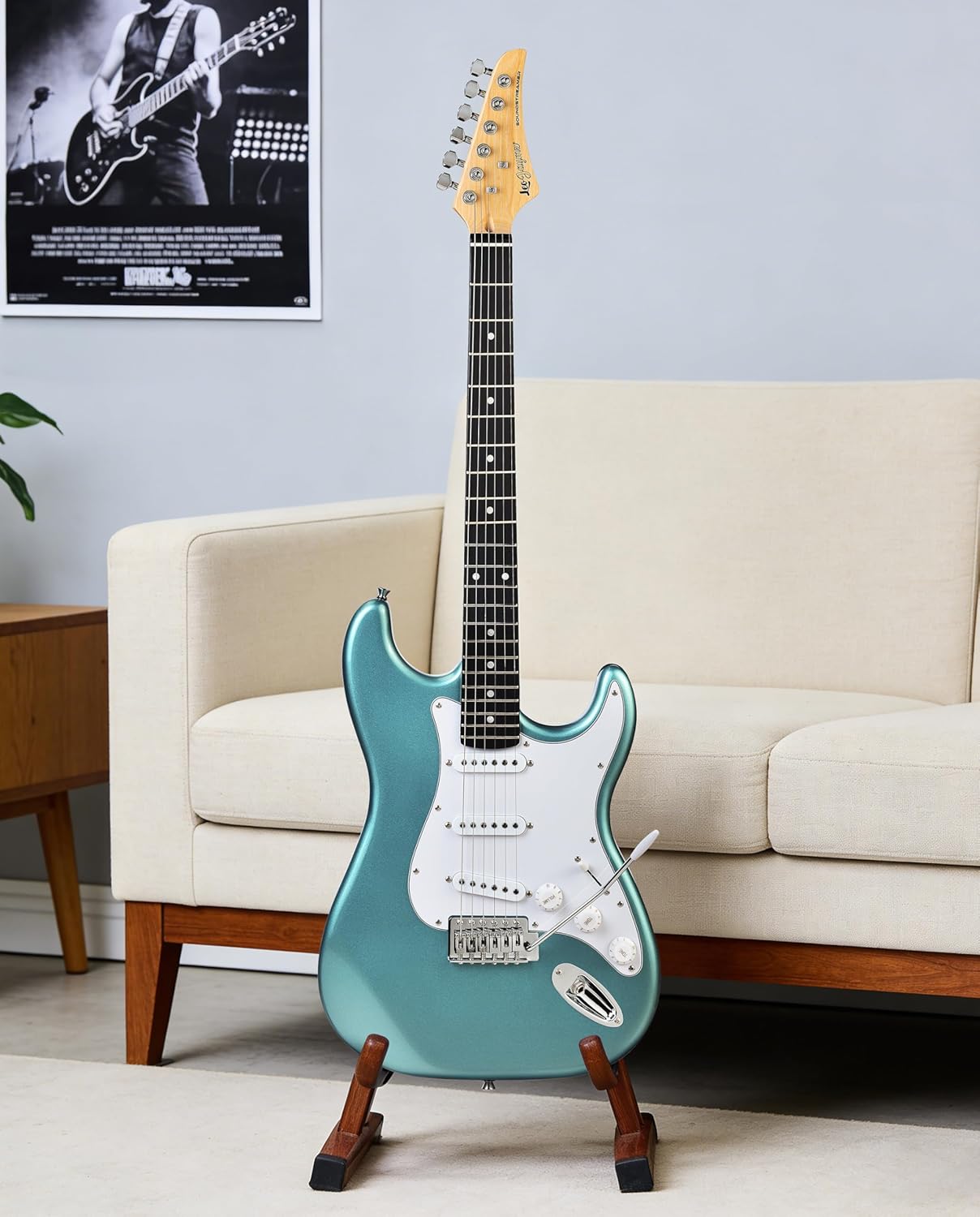 Leo Jaymz Beginner Electric Guitar Complete Kit with Portable Amp, Padded Gig Bag & Full Accessories, Maple Neck SSS Pickups (Cyan)