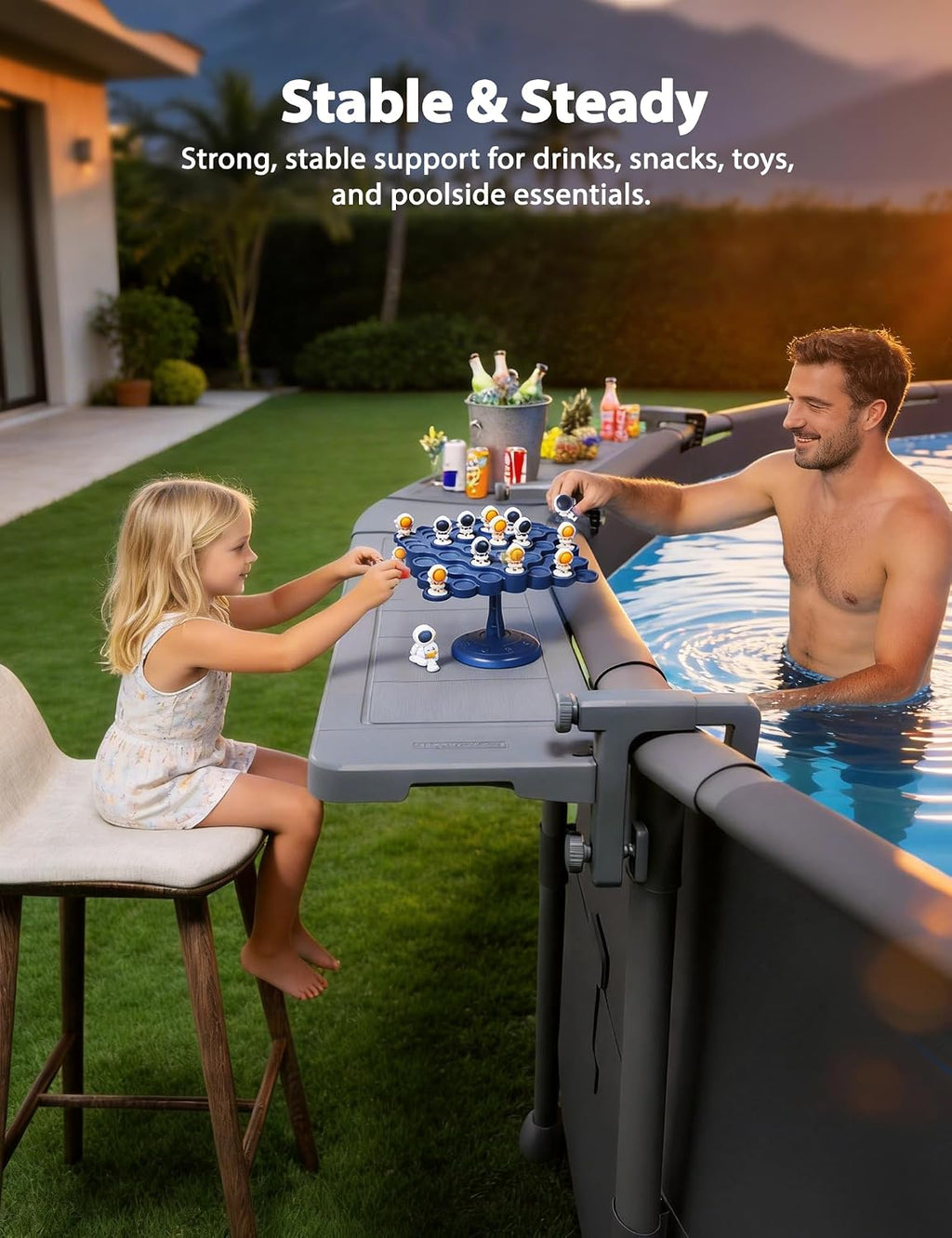 POOLHACKER Poolside Bar Extended, [Original] Swim Up Bar Exclusively for Above-Ground Round Pools. Patio Poolside Table Smart Fold Easy Maintenance, Weather Resistant Stable Tabletop