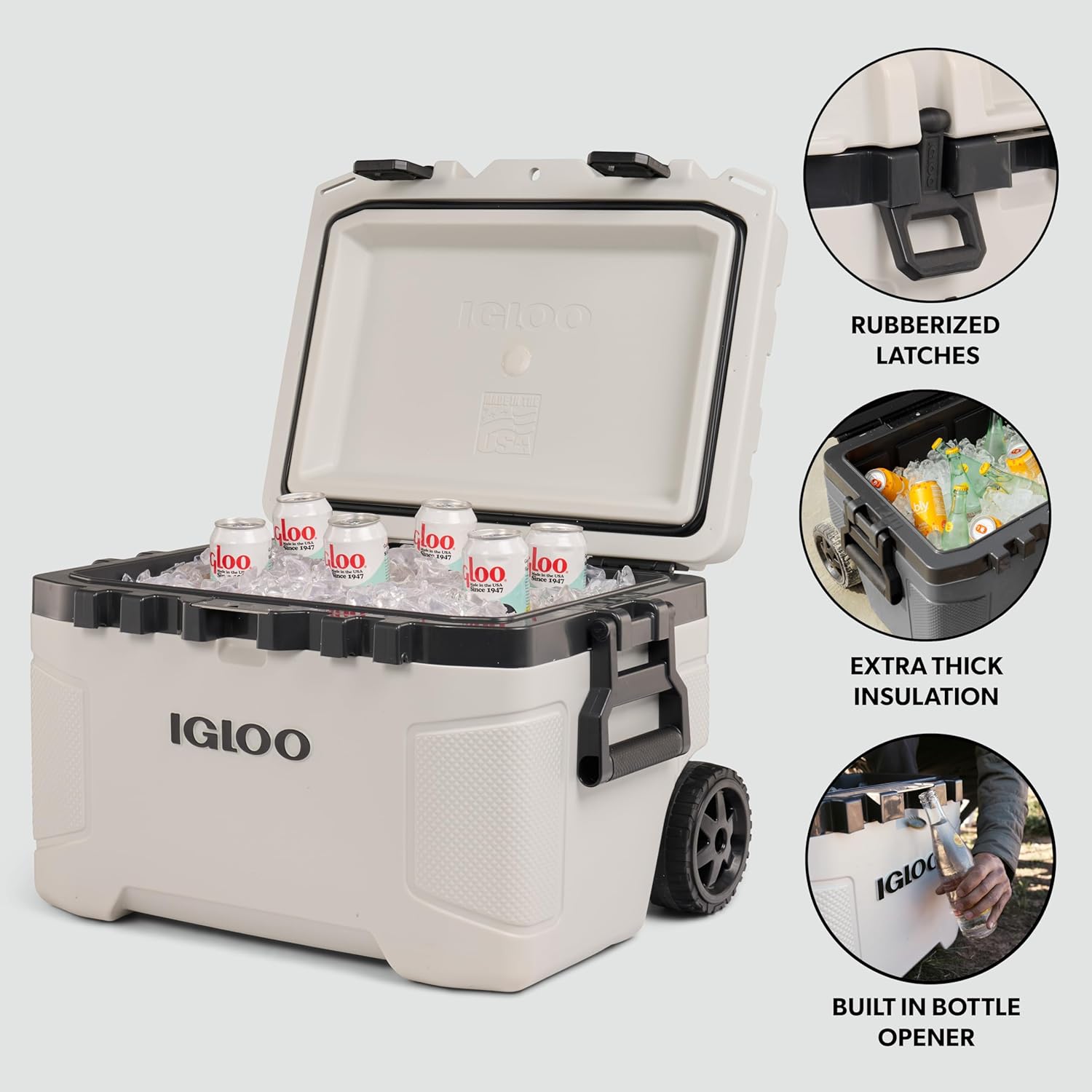 Igloo Trailmate 52Qt Wheeled Cooler, Insulated Hard Shell Ice Chest, Bone