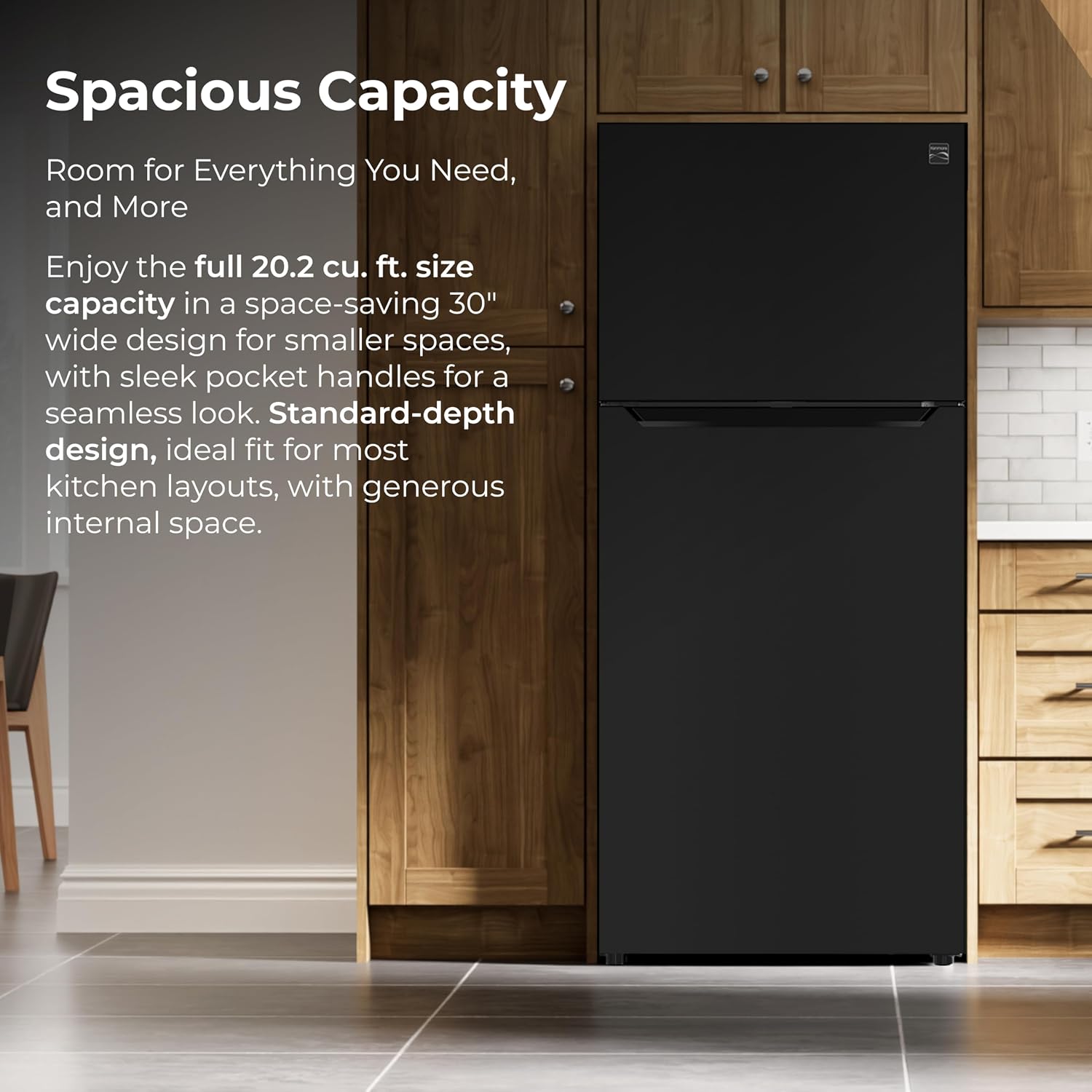 Kenmore 30' Top Mount Refrigerator with Freezer - Adjustable Shelving, Humidity-Controlled Crispers, LED Lighting, ENERGY STAR Certified, Garage Ready, 20.2 cu. ft. Capacity - Black