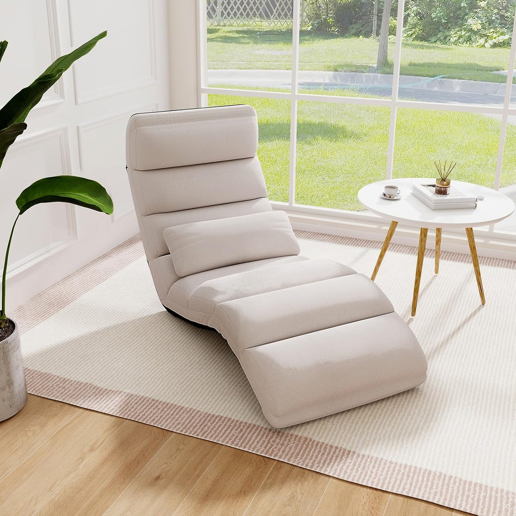 KOMFOTT Foldable Floor Lazy Sofa with Pillow, Indoor Chaise Lounge with 5 Adjustable Positions, Adjustable Back Support & Footrest, Video Gaming Chair for Home, Office, Reading, Watching (Beige)