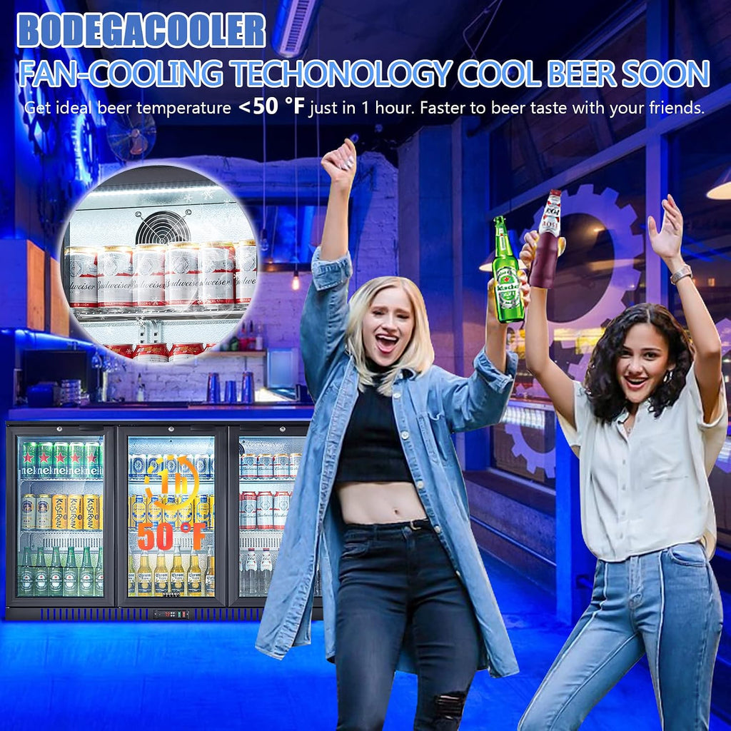 BODEGA BODEGACOOLER Back Bar Cooler with 3 Glass Doors,11.4 Cu.Ft Commercial Bar Beverage Refrigerator Under Counter,Large Display Bar Fridge for Beer Soda Wine LED Lighting,DOE Approved