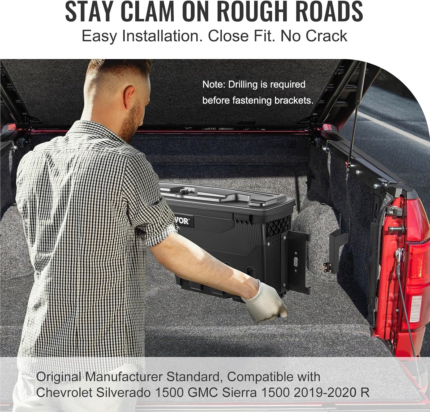 VEVOR Truck Bed Storage Box, Compatible with Chevrolet Silverado 1500 GMC Sierra 1500 2019-2020 R, Waterproof ABS Wheel Well Tool Box with Lockable Lid, 6.6 Gal/25 L Toolbox, Passenger Side, Black