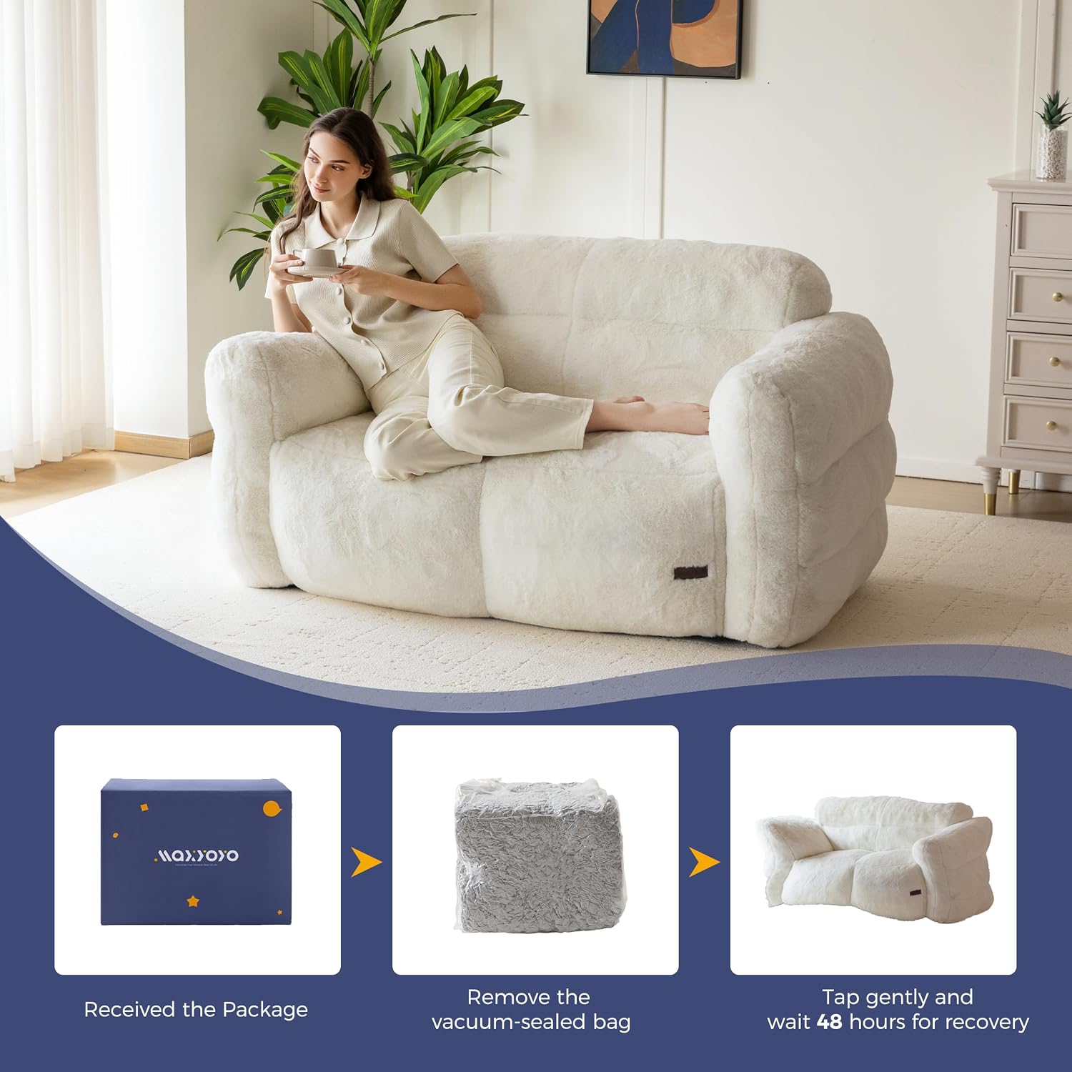 MAXYOYO Giant Bean Bag Chair for Adults, Ultra Soft Fluffy Loveseat Bean Bag Sofa, Oversized Floor Sofa for Living Room Bedroom, Cozy Reading Chair with Filler, Beige
