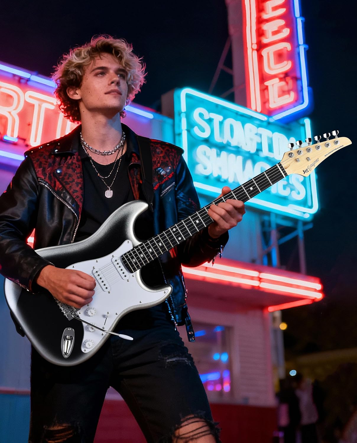 Leo Jaymz Beginner Electric Guitar Complete Kit with Portable Amp, Padded Gig Bag & Full Accessories, Maple Neck SSS Pickups(White-Black Fade)
