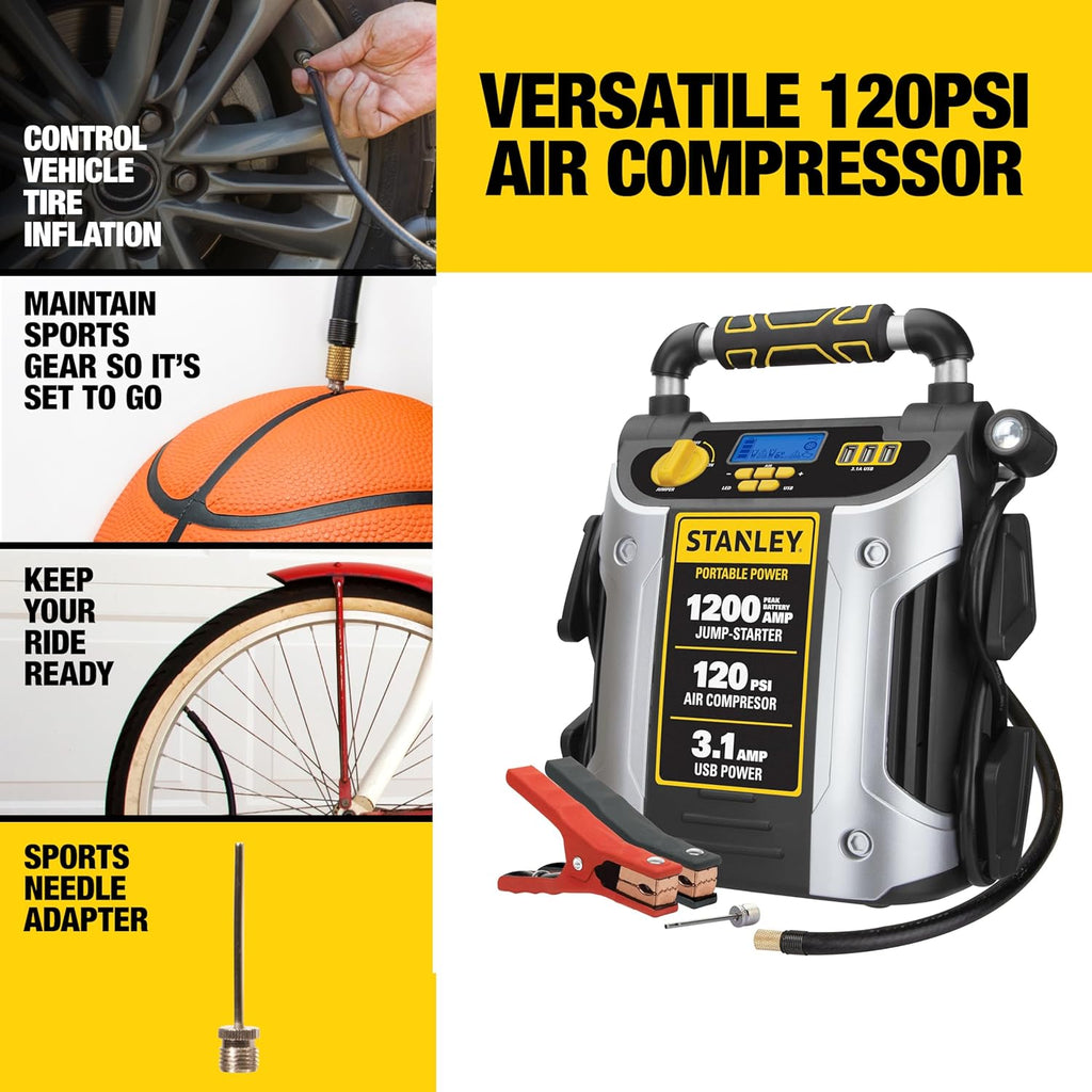 Stanley J5C09D 1200 Peak Amp Automotive Jump Starter, Portable Power – 2.1A/10W USB Port, 120 PSI Air Compressor