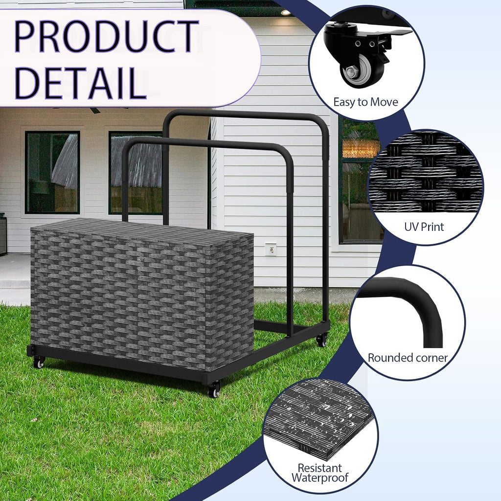 FONTOI Pool Storage, Pool Float Storage Bin with Wheels, Waterproof Metal with Rattan Pattern Textured UV Print Outdoor Pool Towel Rack, All-Weather Float Storage Organizer for Cushions, Black