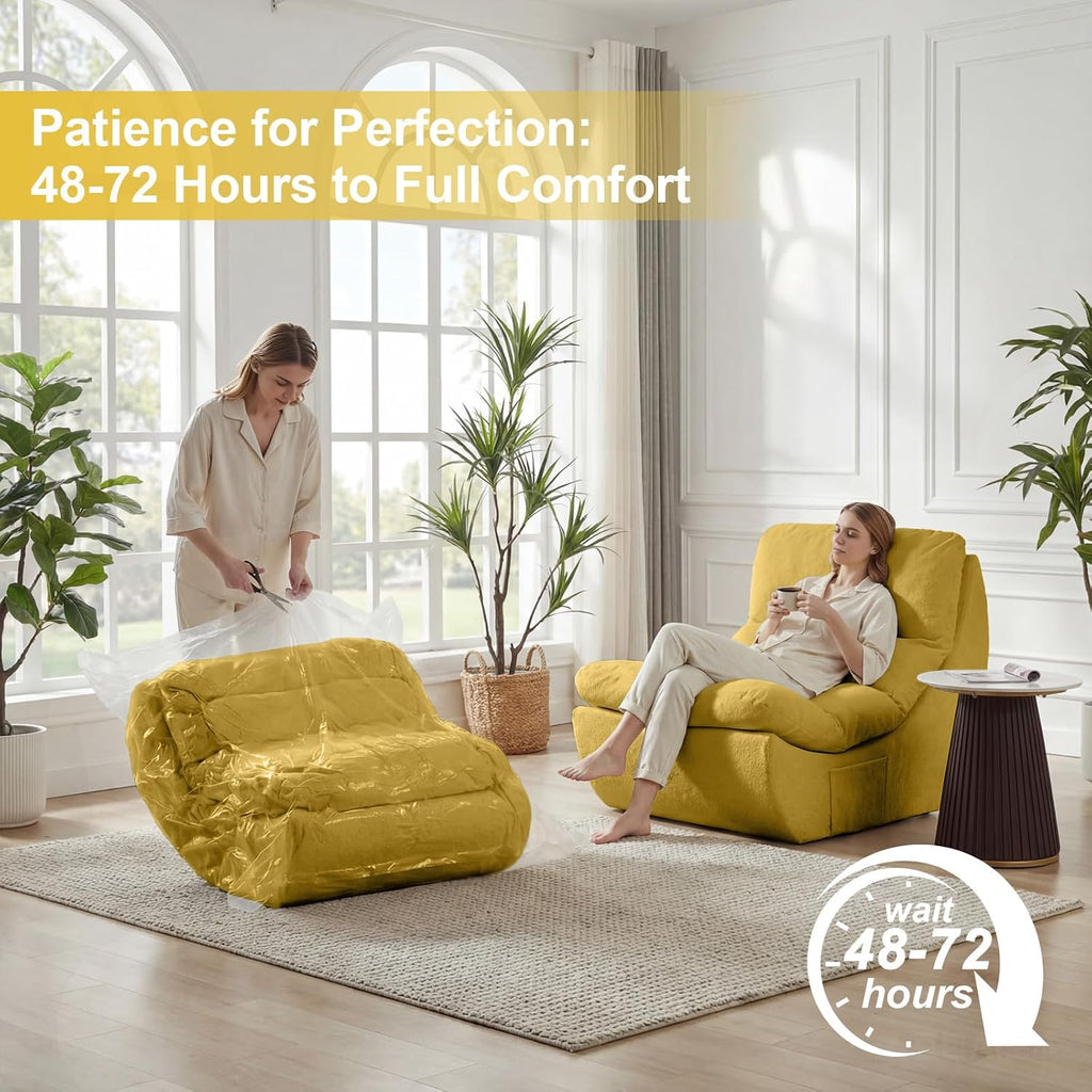 Comfy Reading Chair for Adults, Modular Sectional Sofa Bean Bag Chair, Cloud Boneless Couch Style with High Rebound Foam, Single Seat Compressible Sofa for Living Room & Bedroom, Yellow