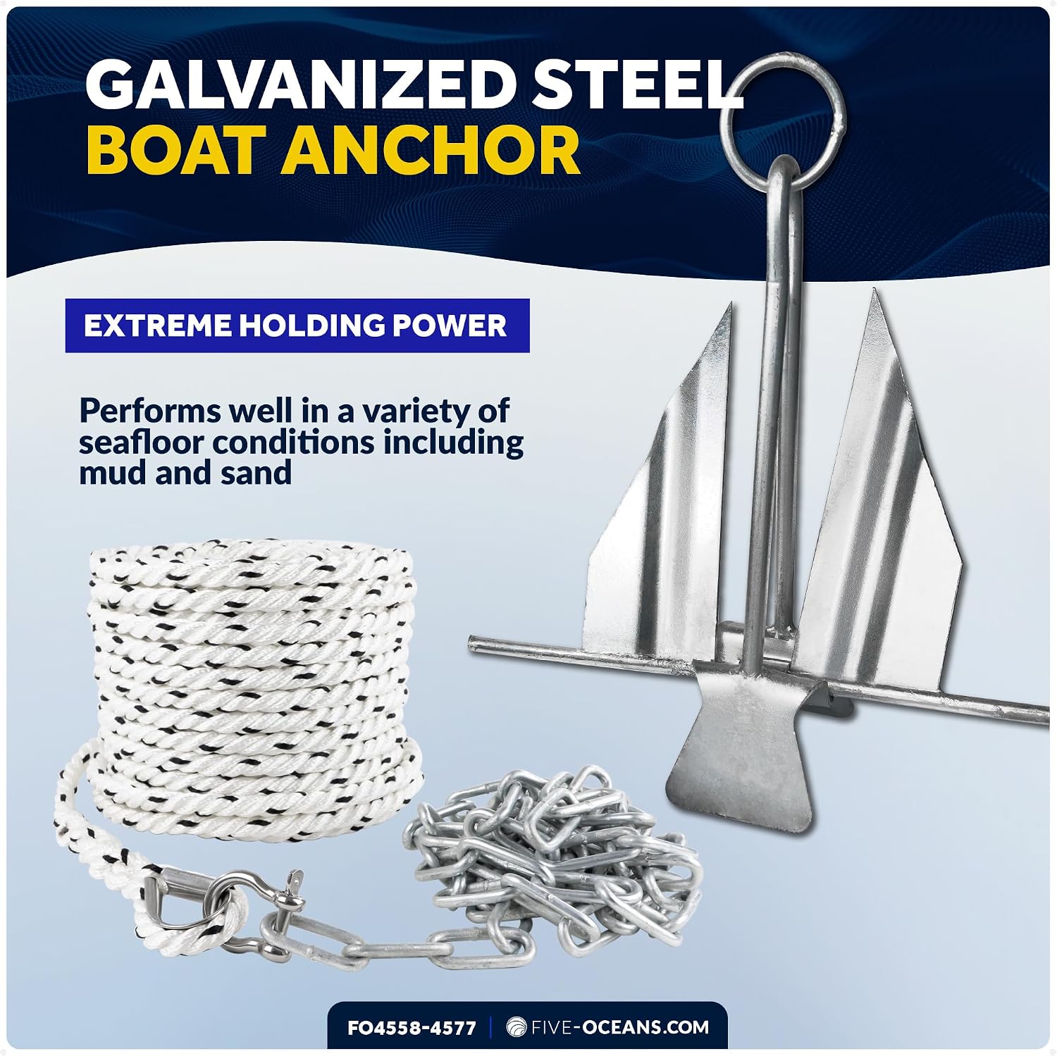 Five Oceans Fluke Boat Anchor, Galvanized Steel, Slip Ring, Heavy-Duty Boat Anchors for Kayak, Dinghy, Paddleboard, Canoe, Personal Watercraft - Multiple Sizes