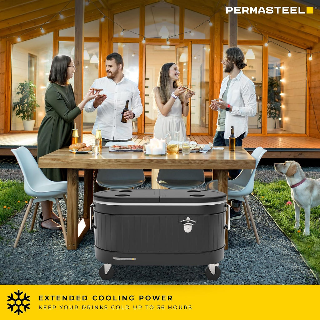 Permasteel Rolling Patio Cooler – Large Outdoor Ice Chest with Wheels, Beverage Cooler for Backyard, BBQ, Tailgate, Beach, Parties, Rustic Farmhouse Design