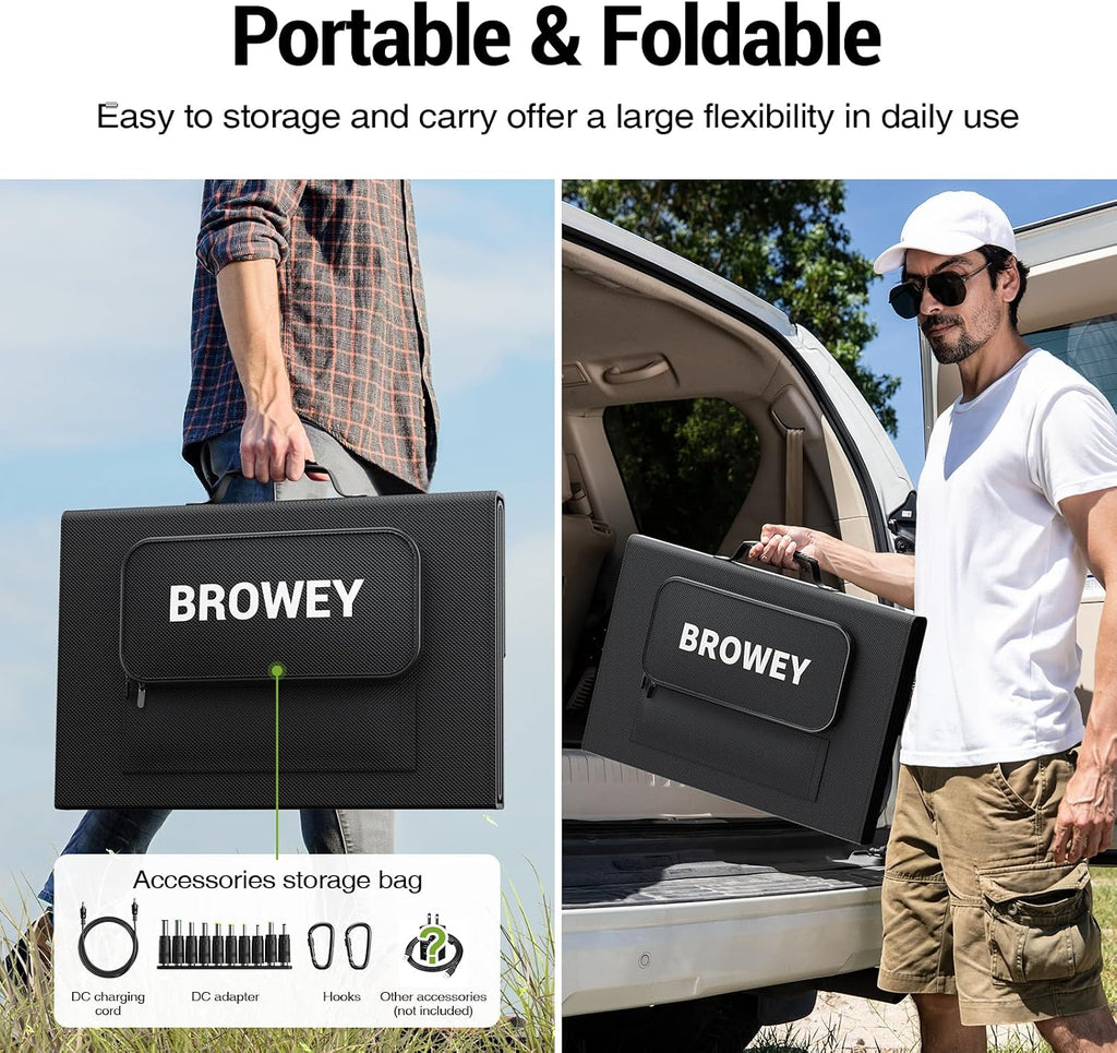 BROWEY 120W Portable Solar Panel for Power Station, USB/Type-C/DC Outputs, Foldable with Adjustable Kickstand, IP68 Waterproof, High Efficiency Solar Charging for Camping & Emergency Power Supply
