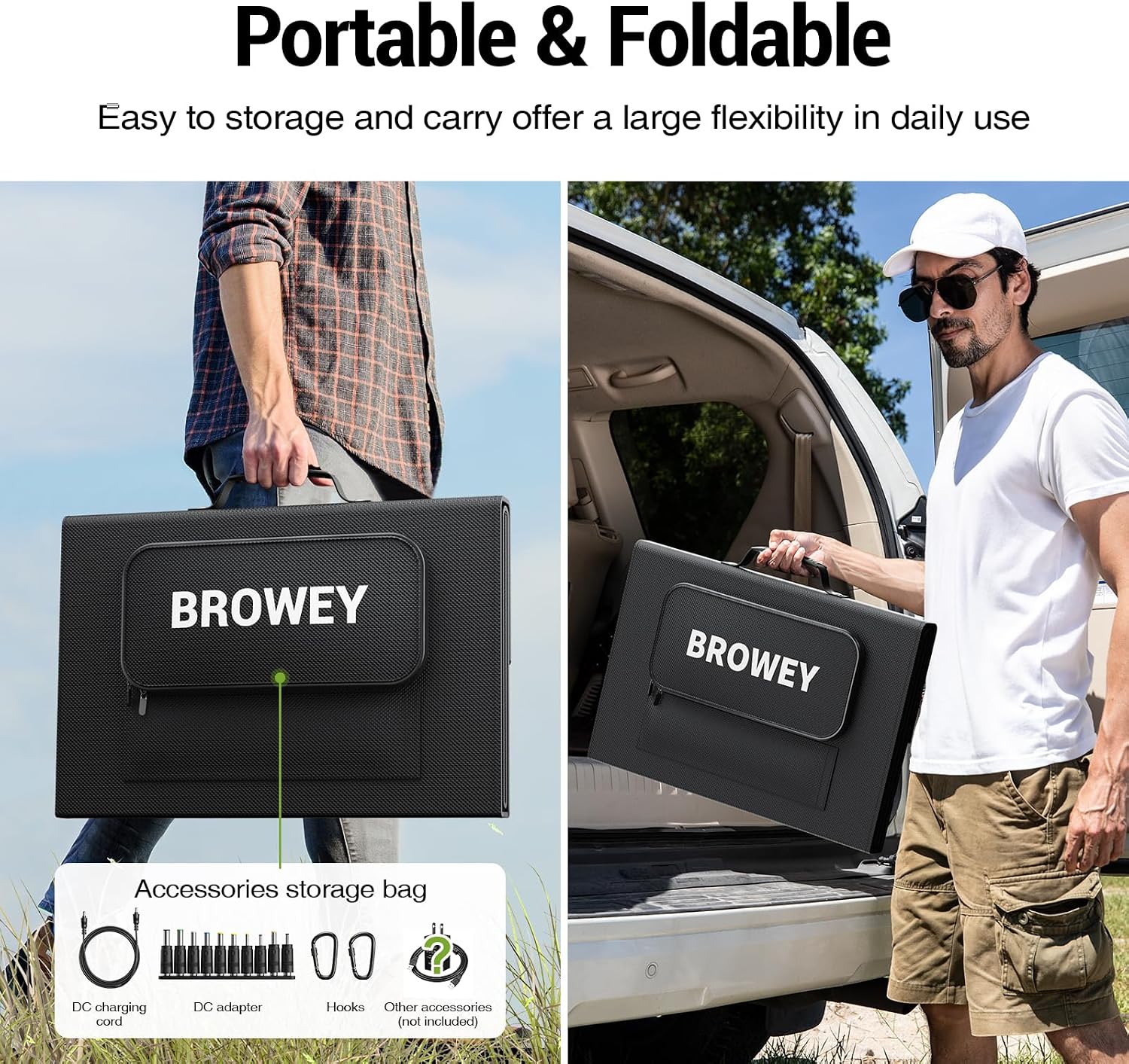 BROWEY 120W Portable Solar Panel for Power Station, USB/Type-C/DC Outputs, Foldable with Adjustable Kickstand, IP68 Waterproof, High Efficiency Solar Charging for Camping & Emergency Power Supply