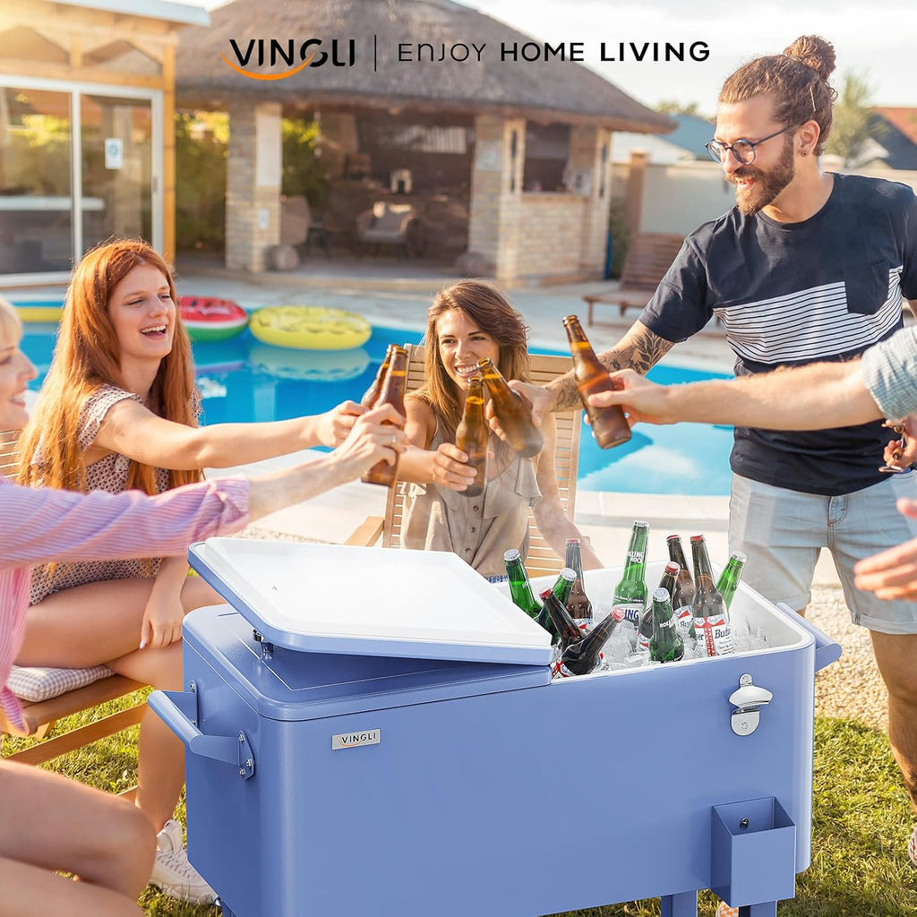 VINGLI Rolling Ice Chest, Portable Patio Party Bar Drink Cooler Cart, with Shelf, Beverage Pool with Bottle Opener
