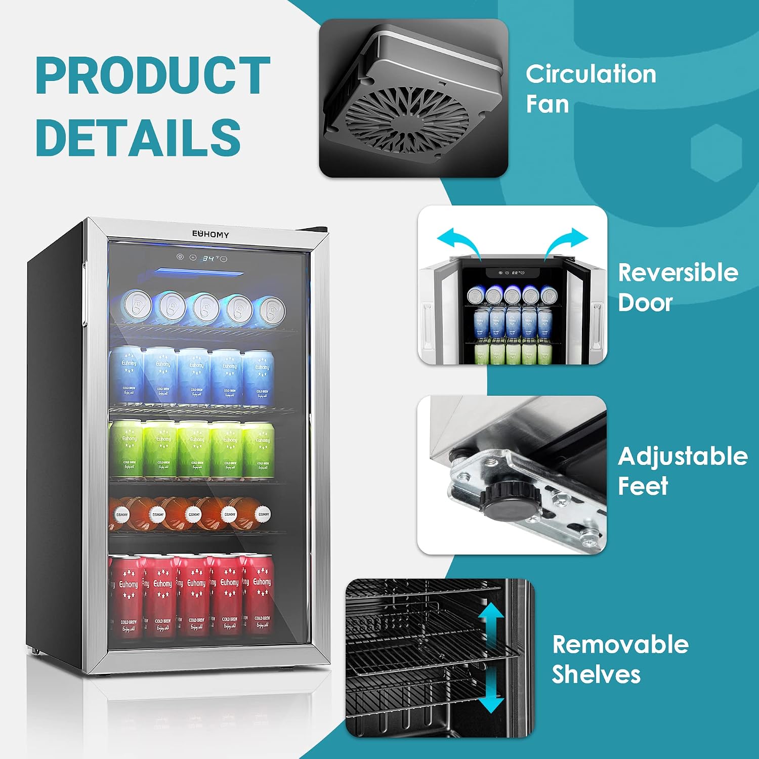 EUHOMY Beverage Refrigerator Cooler, 128 Can Mini Fridge with Glass Door for Soda Beer or Wine, Beverage Cooler for Home, Office, Bar with Adjustable Removable Shelves, Silver