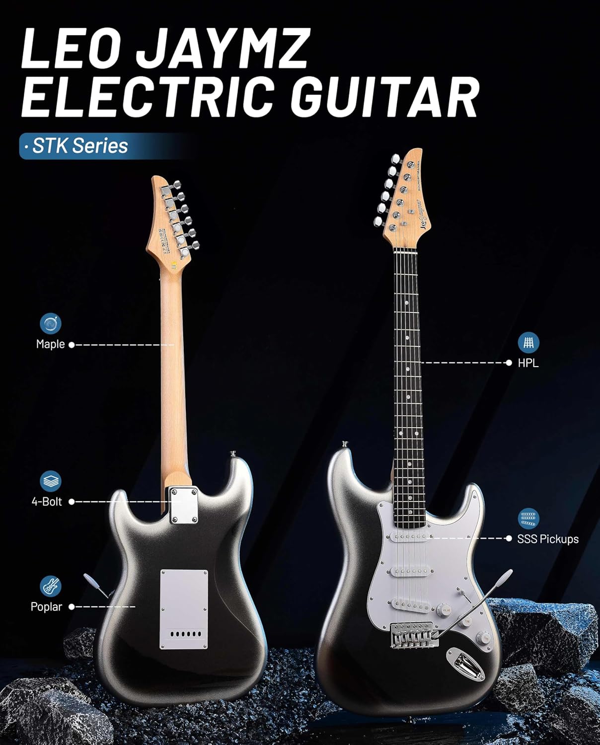 Leo Jaymz Beginner Electric Guitar Complete Kit with Portable Amp, Padded Gig Bag & Full Accessories, Maple Neck SSS Pickups(White-Black Fade)